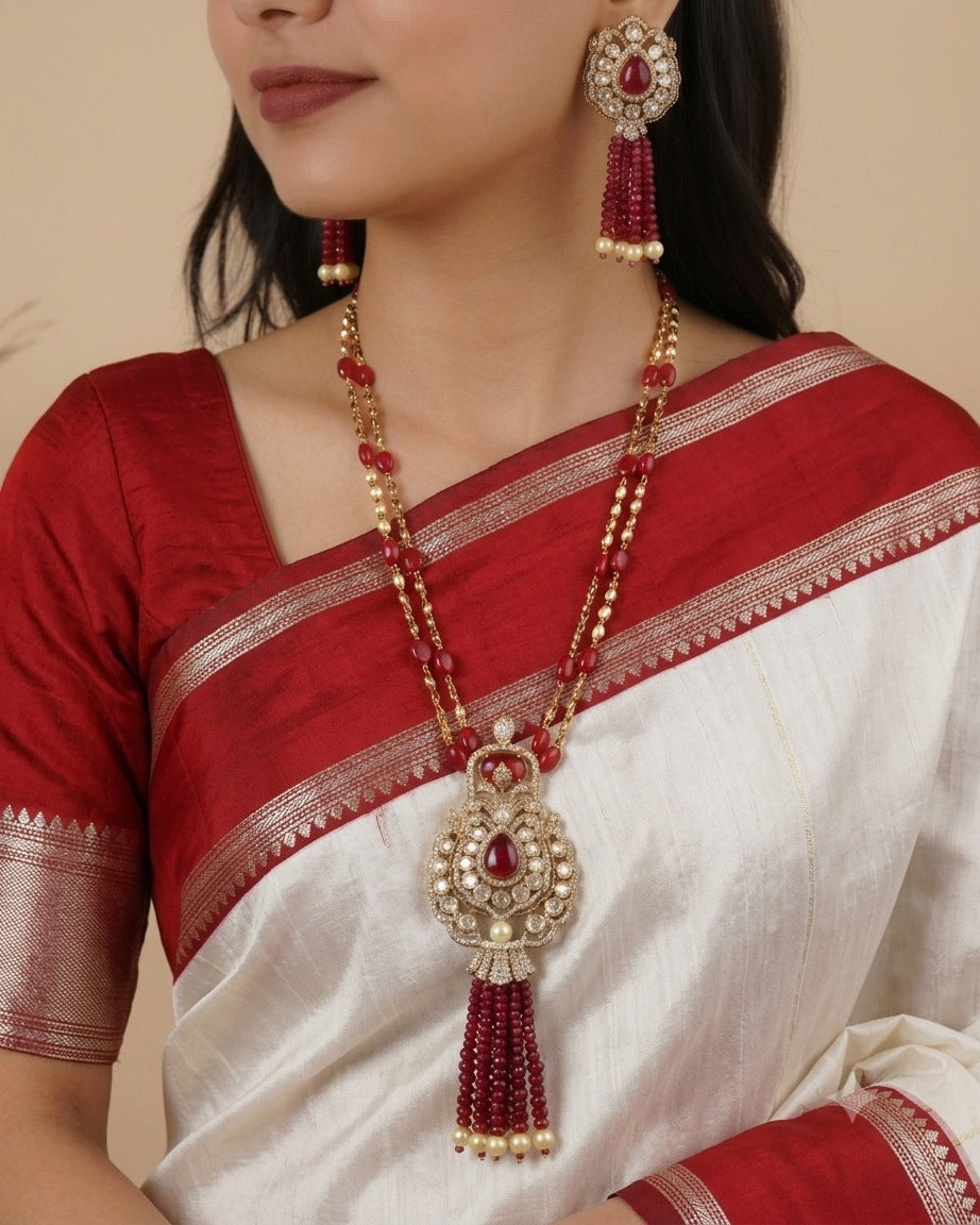 Long Red Beads Kundan Necklace Set
