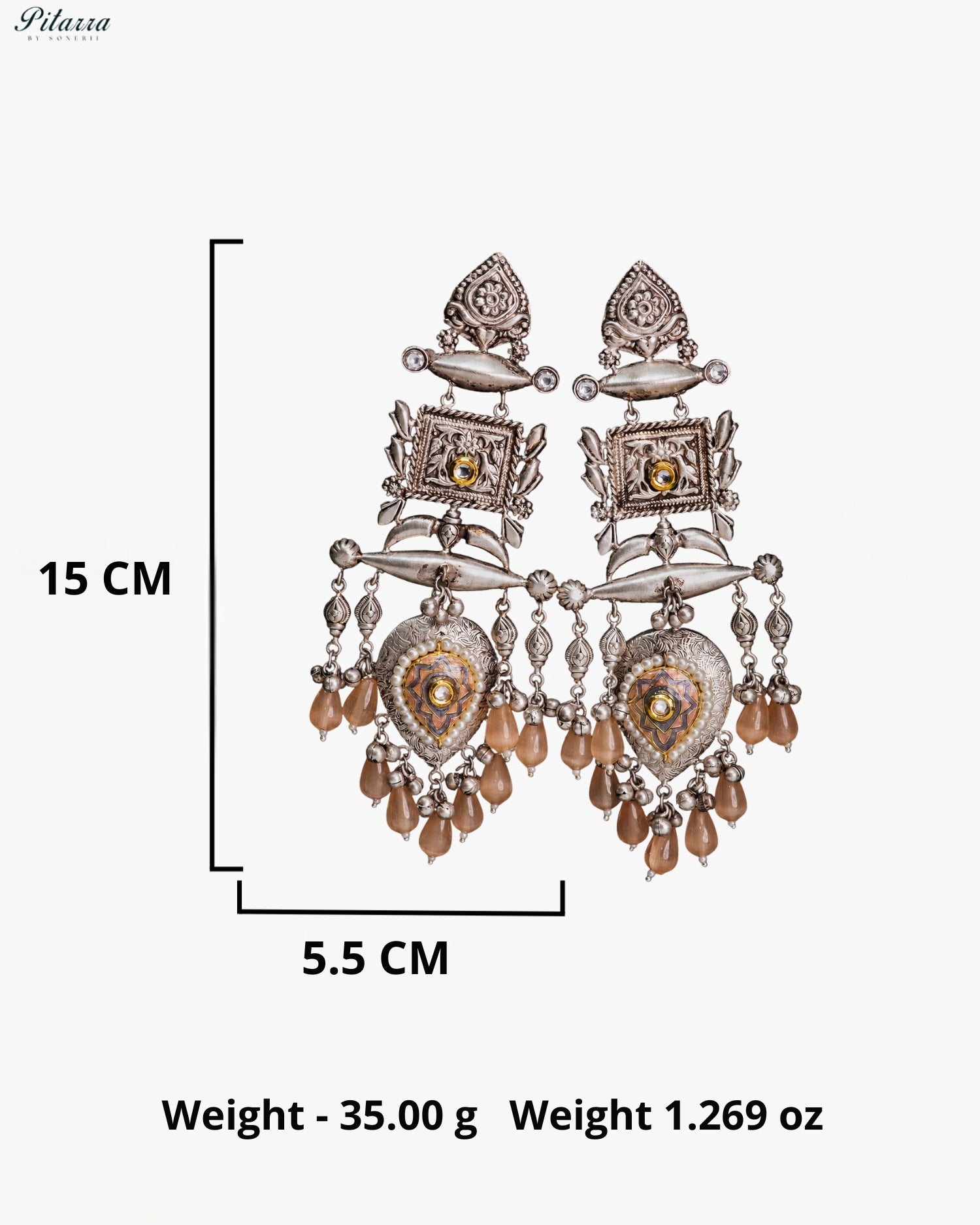 Peach Stone Silver Look-Alike Heritage Statement Earrings