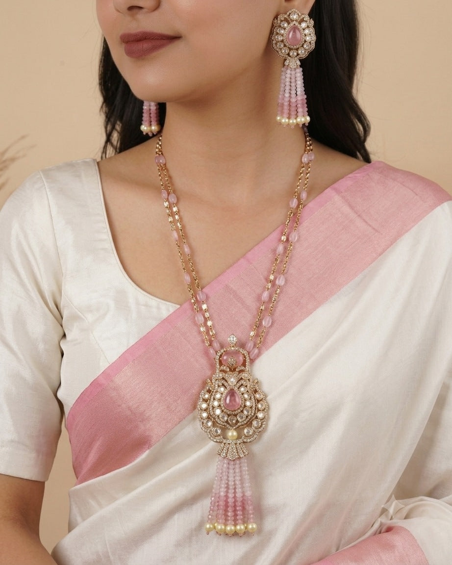 Long Pink Beads Kundan Necklace Set
