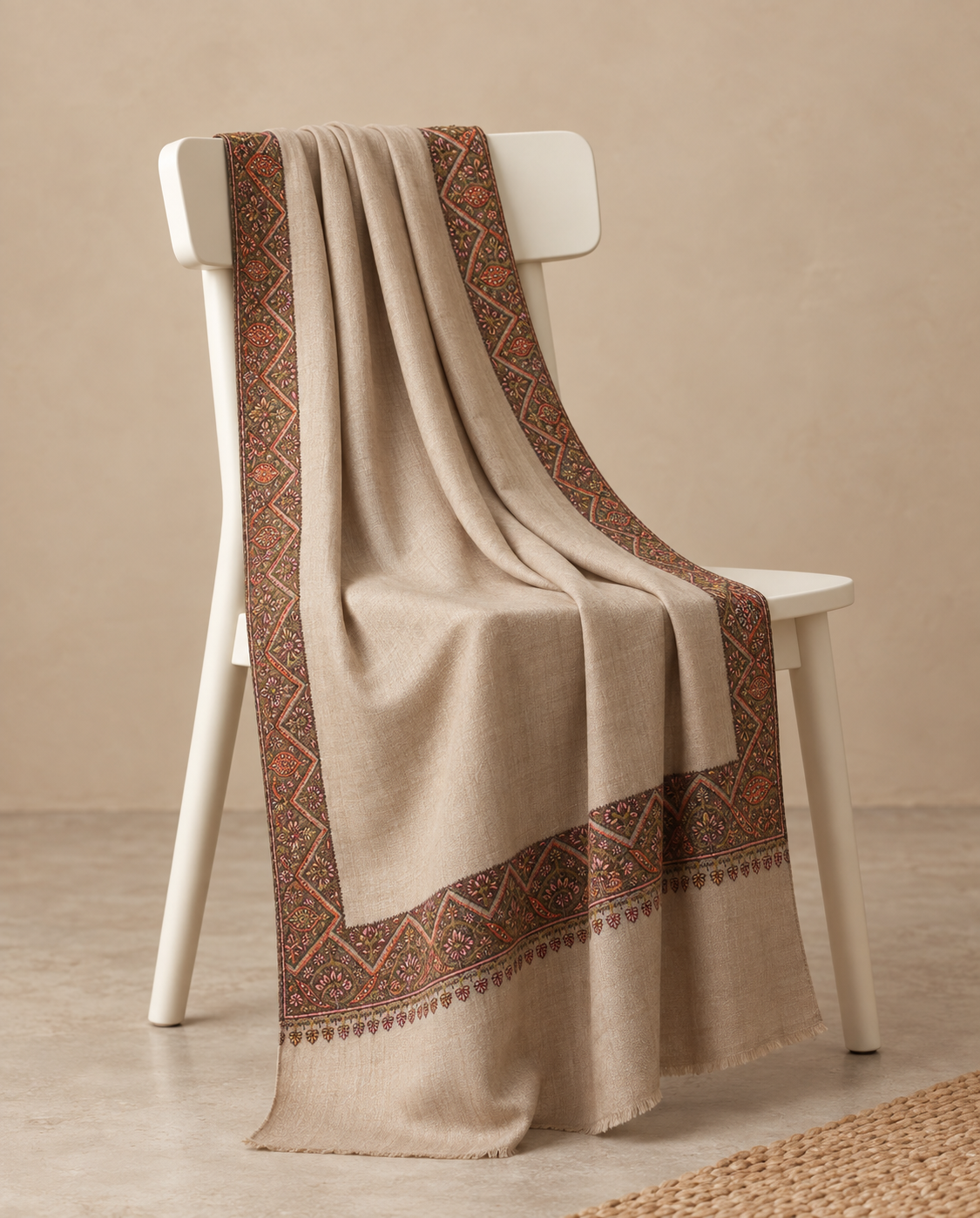 Ivory Beige Paisley Border Kashmiri Pashmina Shawl
