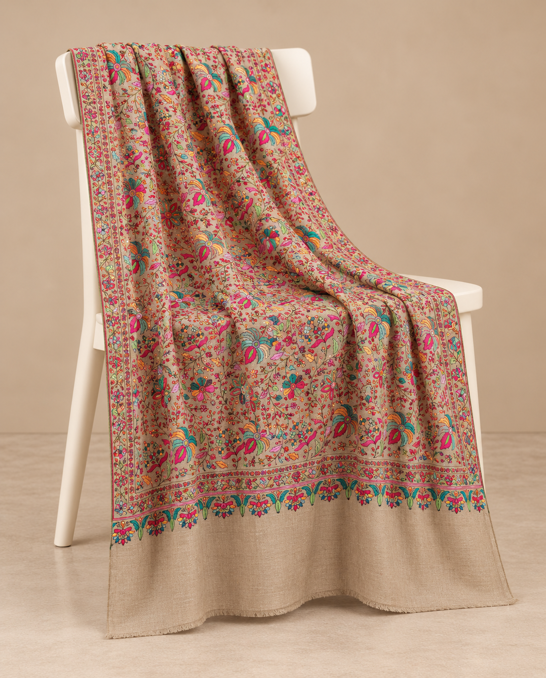 Beige Multicolor Floral Jaal Kashmiri Pashmina Shawl