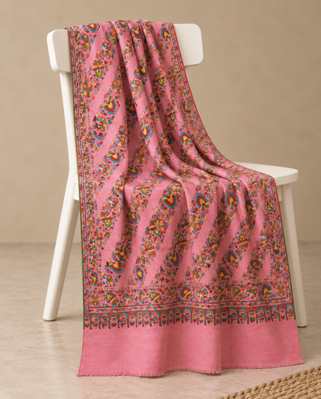 Pink Multicolor Diagonal Floral Kashmiri Pashmina Shawl