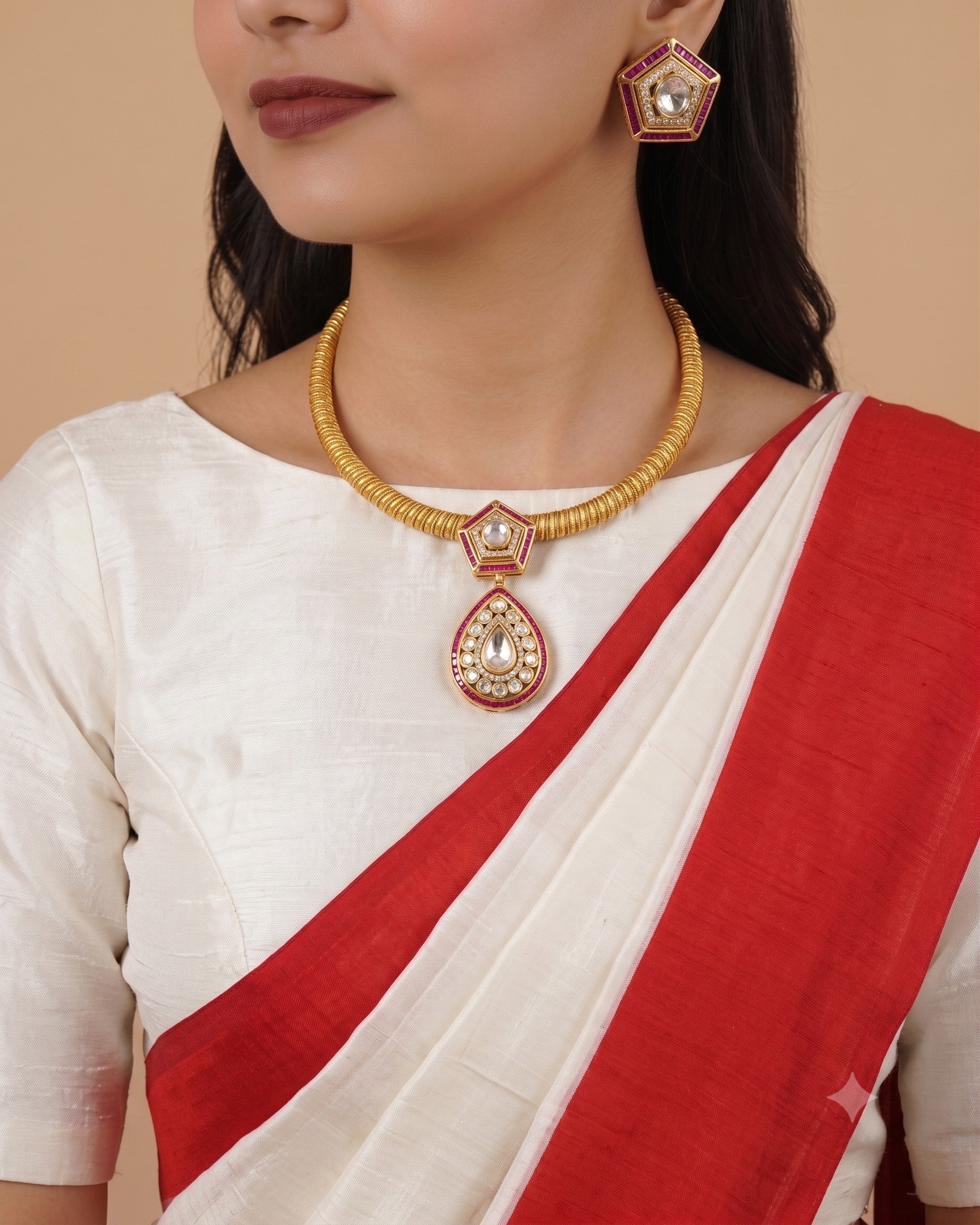 Pink Layer Gold Polki Kundan Necklace Set