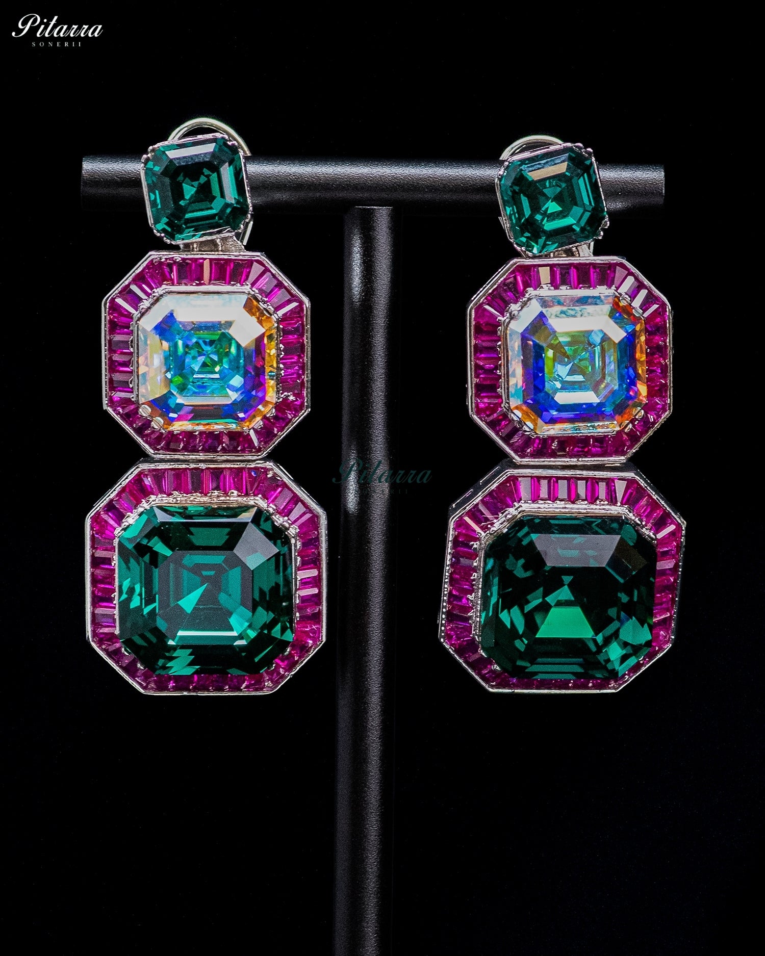Green and Multicolor Crystal Geometric Statement Earrings
