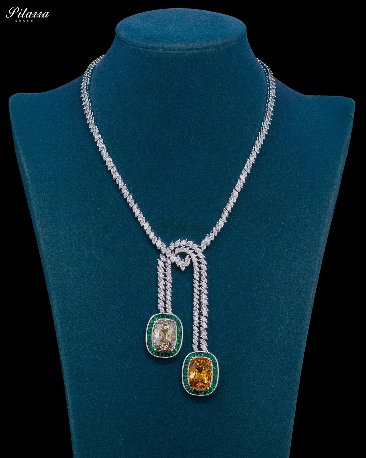 Champagne Stone Green Baguette Zircon Silver Crystal Lariat Necklace Set