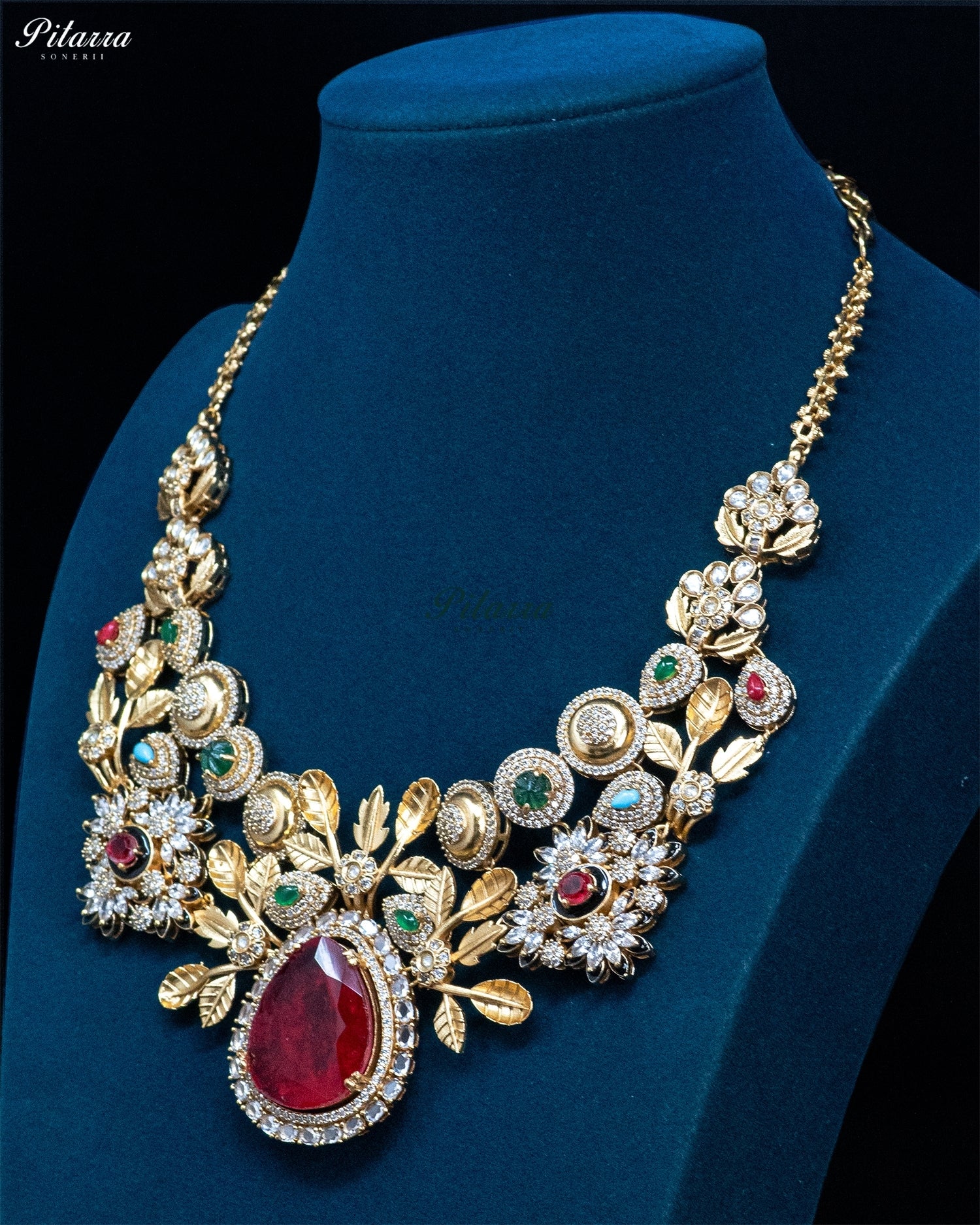 Red Teardrop Floral Kundan Necklace Set