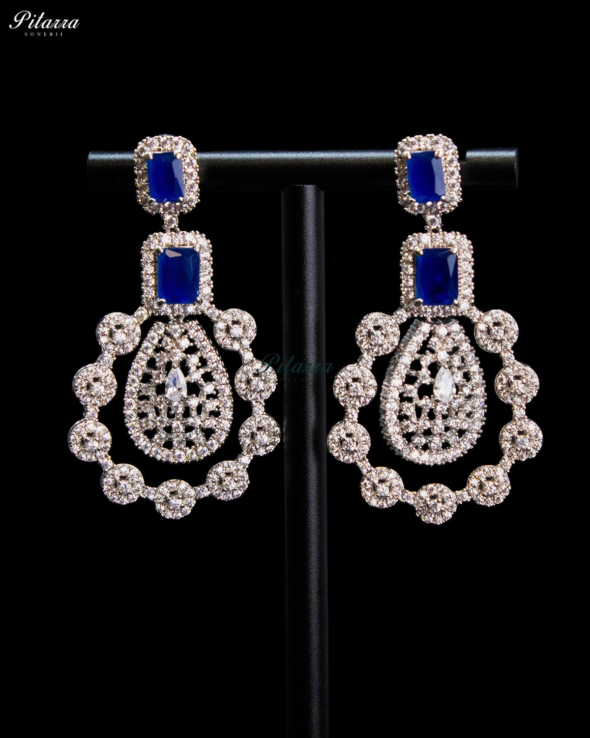 Royal Blue Rectangular Stone Zircon Silver Multi Layer Crystal Necklace Set