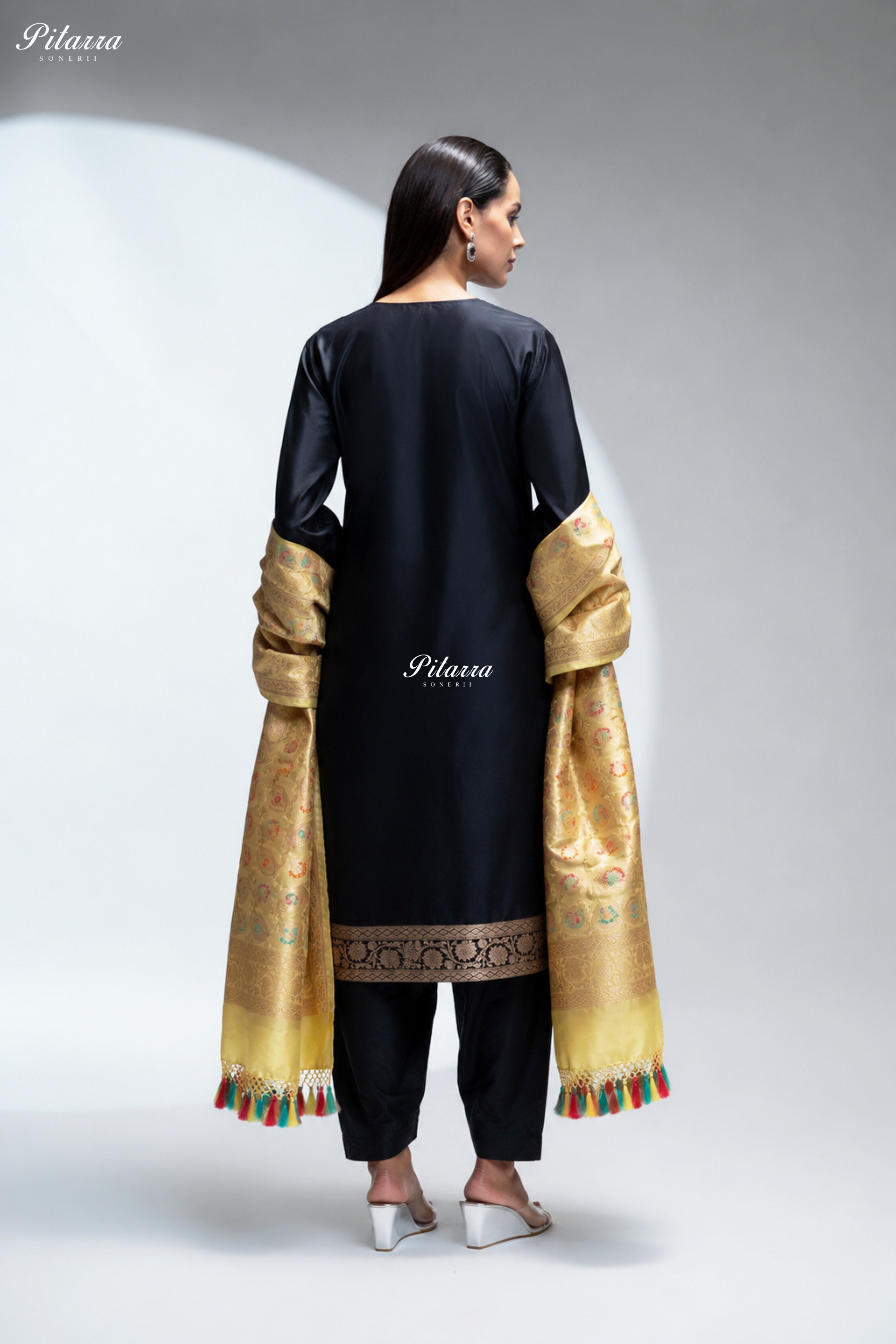Black Silk Kurta Pant Set with Multicolour Banarasi Dupatta