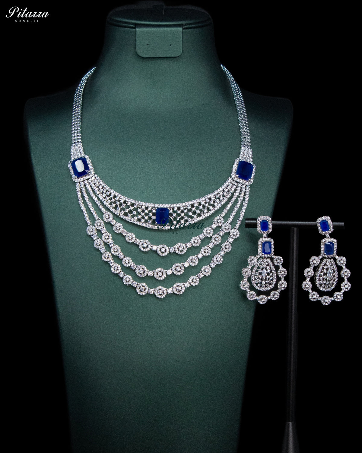 Royal Blue Rectangular Stone Zircon Silver Multi Layer Crystal Necklace Set