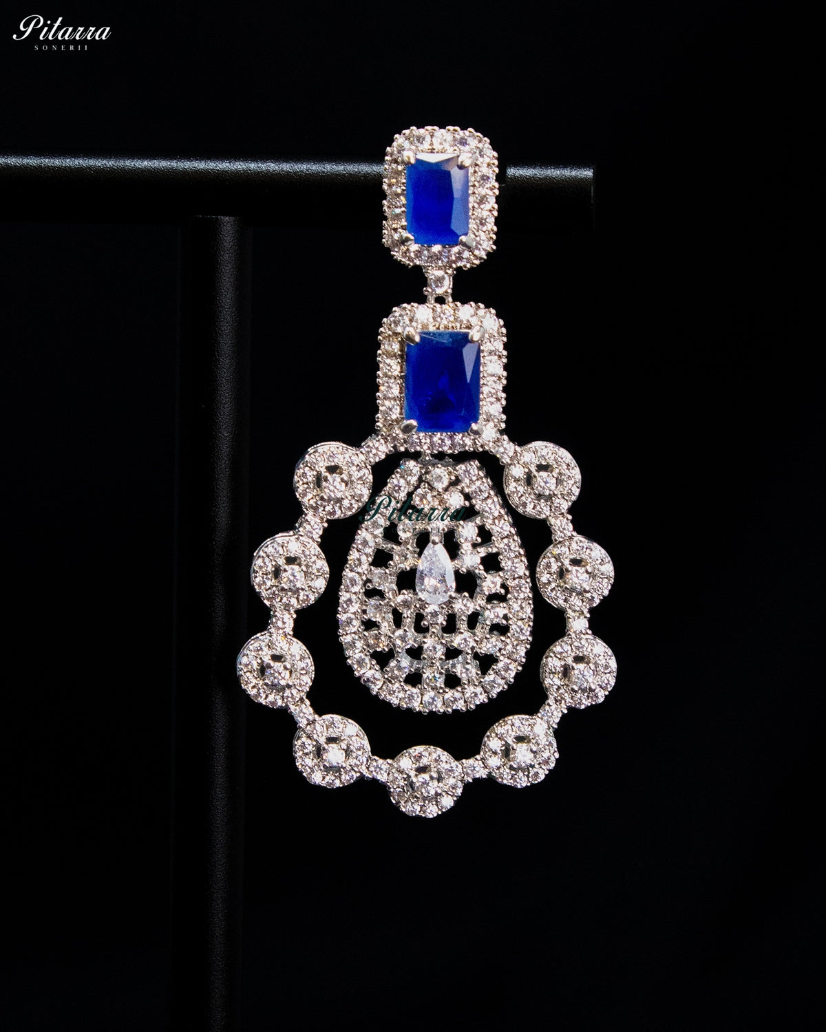 Royal Blue Rectangular Stone Zircon Silver Multi Layer Crystal Necklace Set