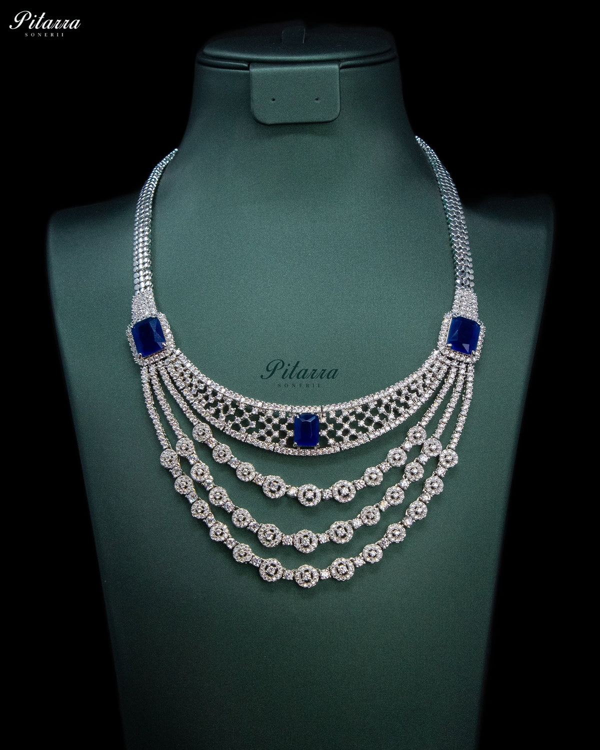 Royal Blue Rectangular Stone Zircon Silver Multi Layer Crystal Necklace Set