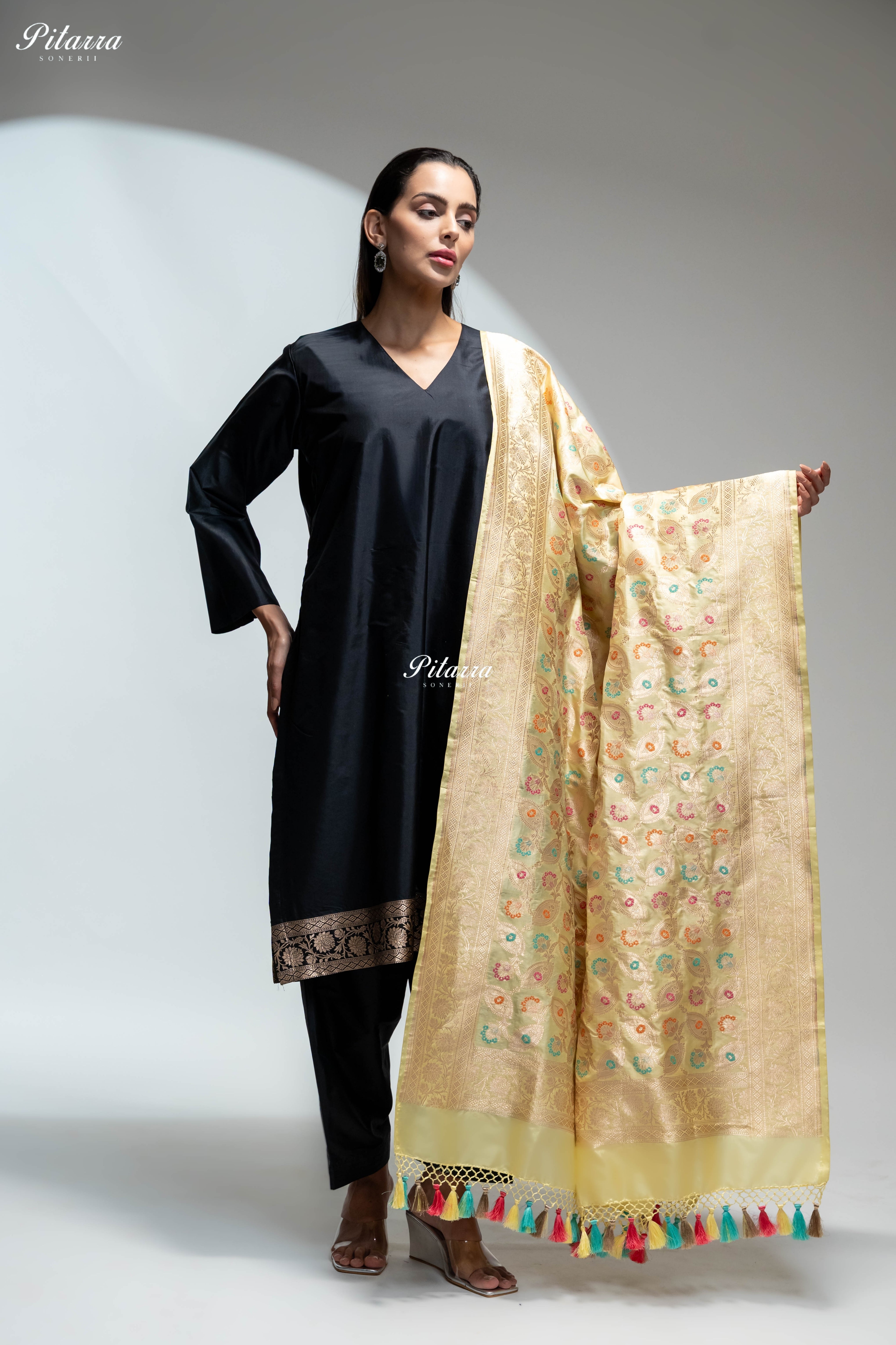 Black Silk Kurta Pant Set with Multicolour Banarasi Dupatta
