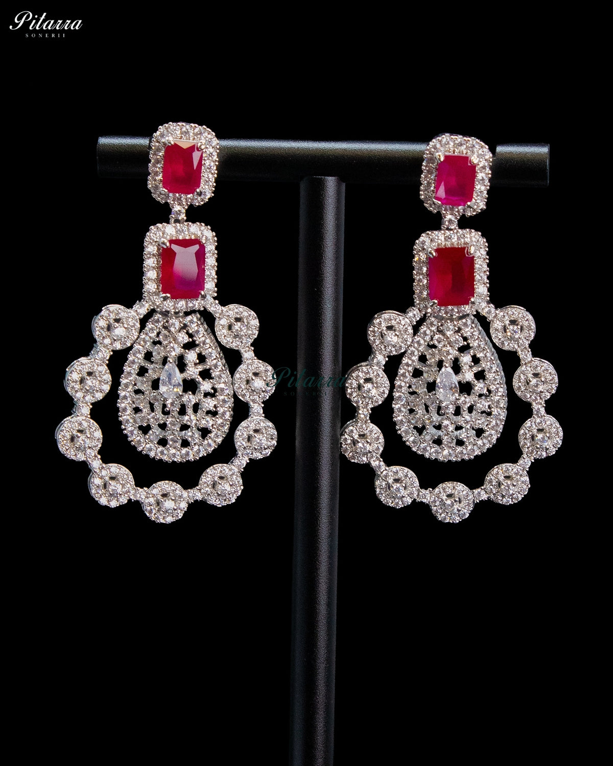 Ruby Red Rectangular Stone Zircon Silver Multi Layer Crystal Necklace Set