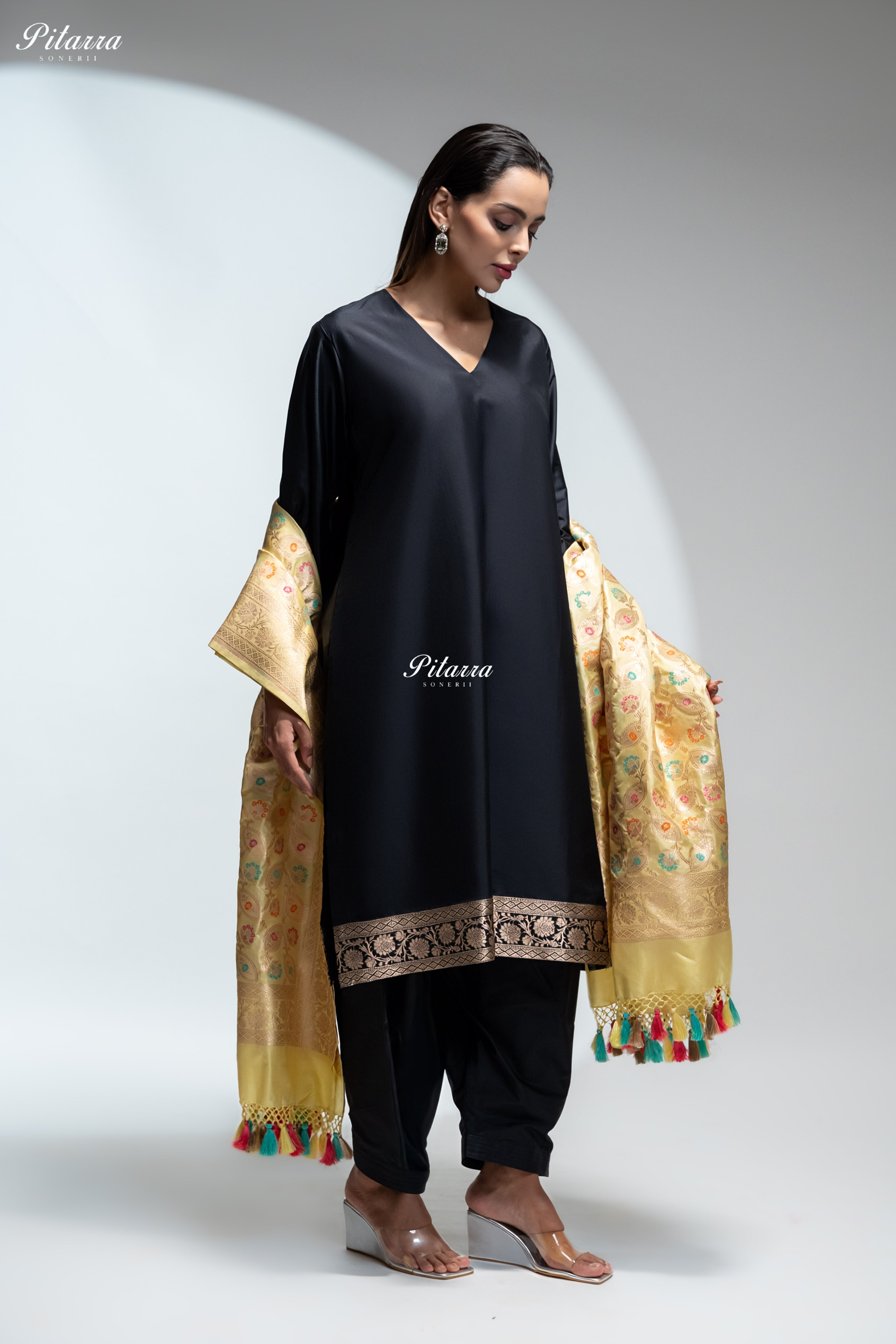 Black Silk Kurta Pant Set with Multicolour Banarasi Dupatta
