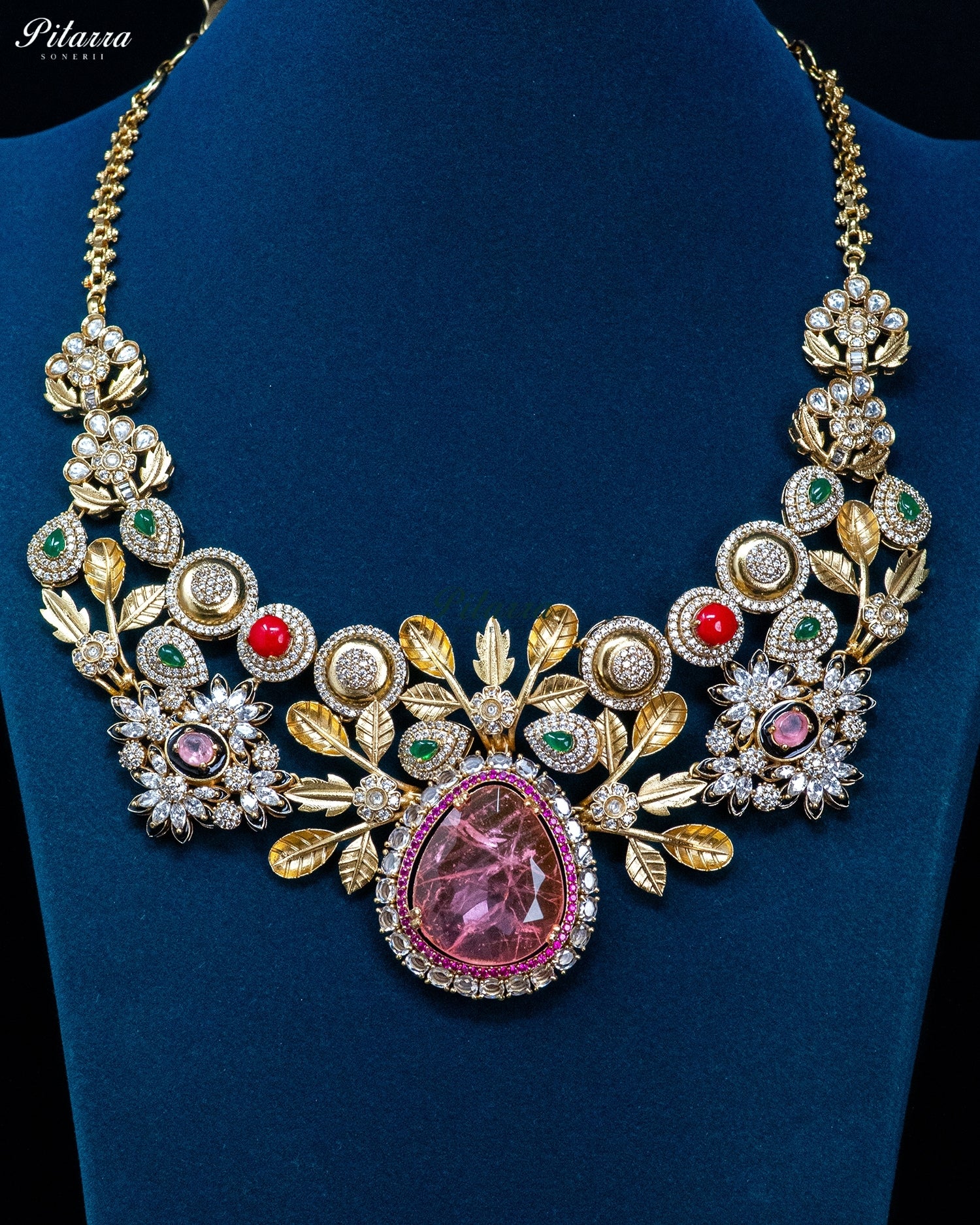 Pink Teardrop Floral Kundan Necklace Set