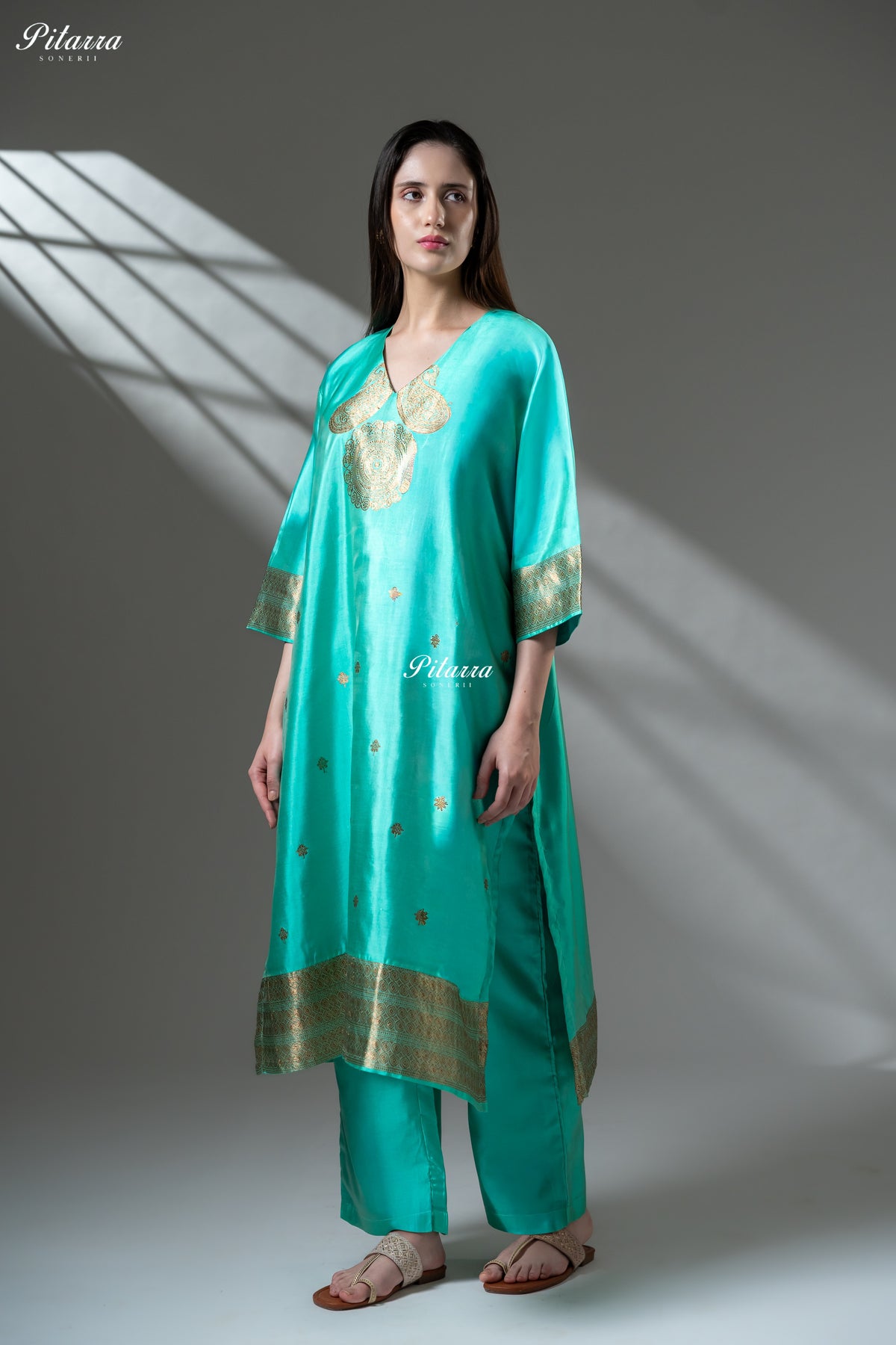 Turquoise Blue Gold Zari Embroidered Kurta Palazzo Set