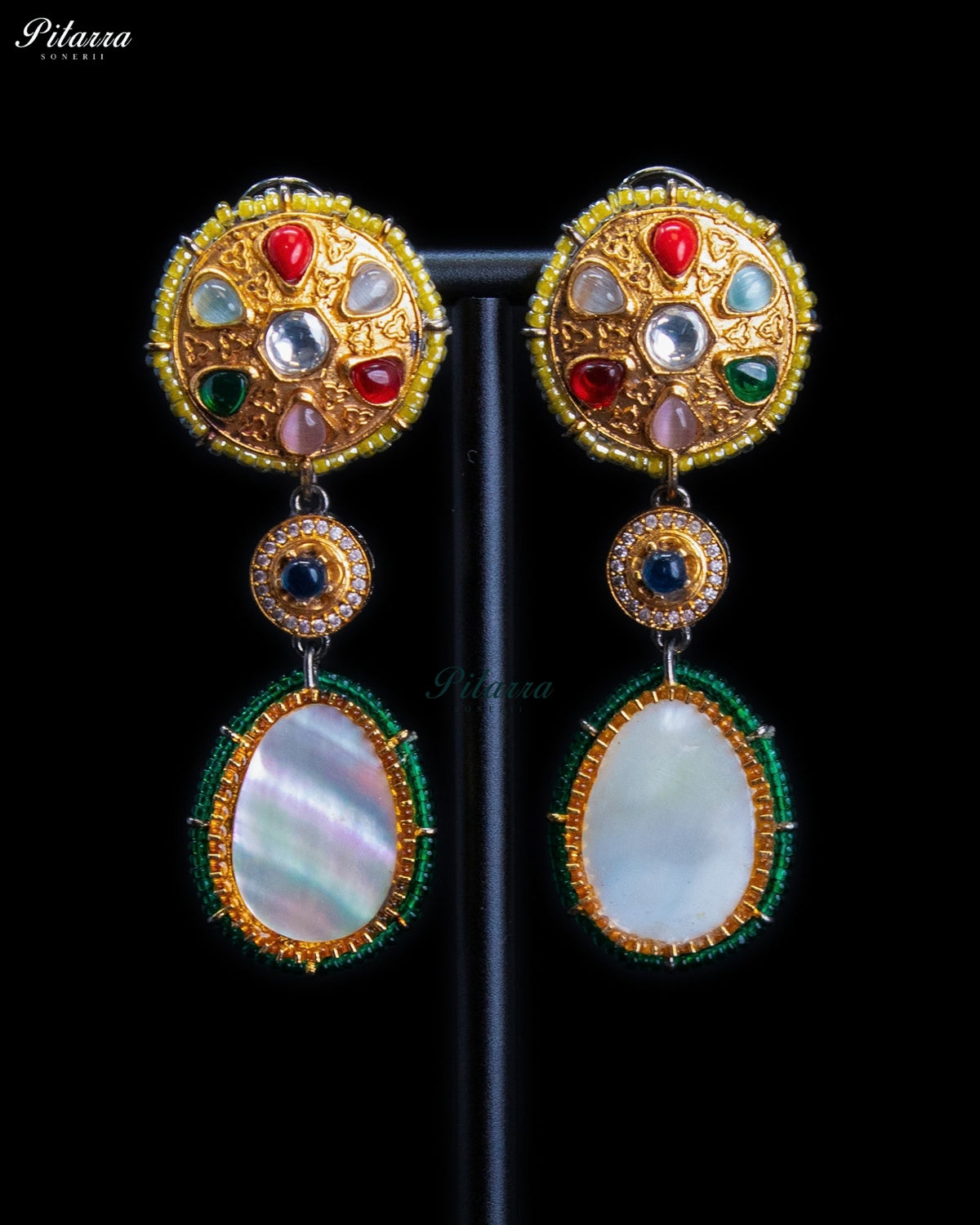 Royal Navratna Inspired Multicolor Kundan Gold Tone Dangler Earrings - Yellow & Green