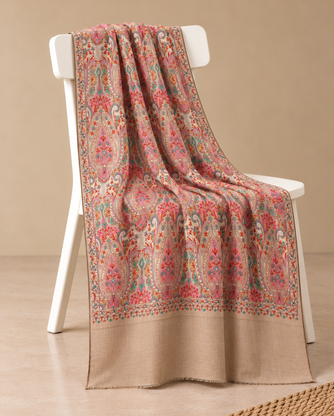 Beige Multicolor Paisley Floral Embroidered Pashmina Shawl