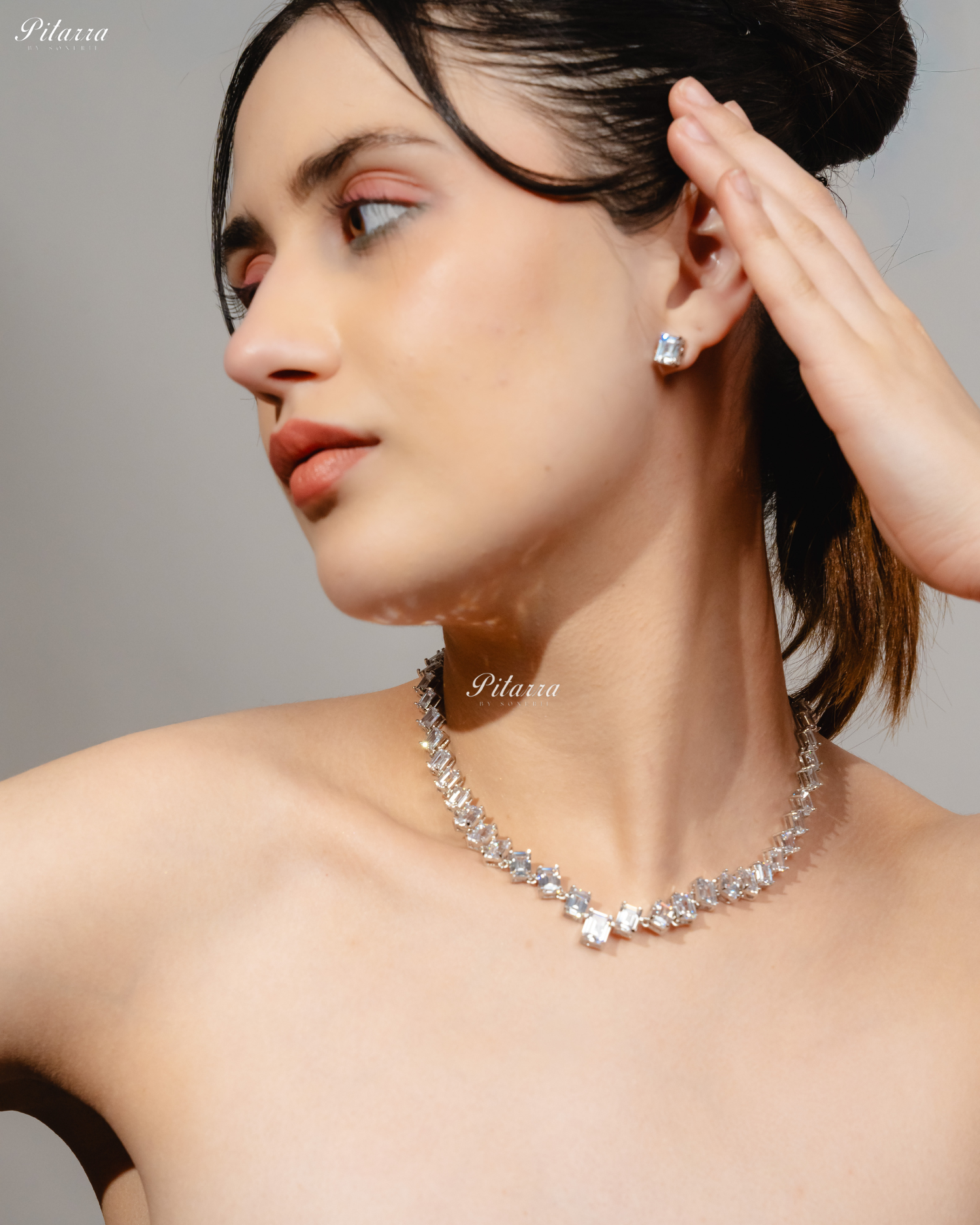Small White Square Crystal CZ Necklace Set