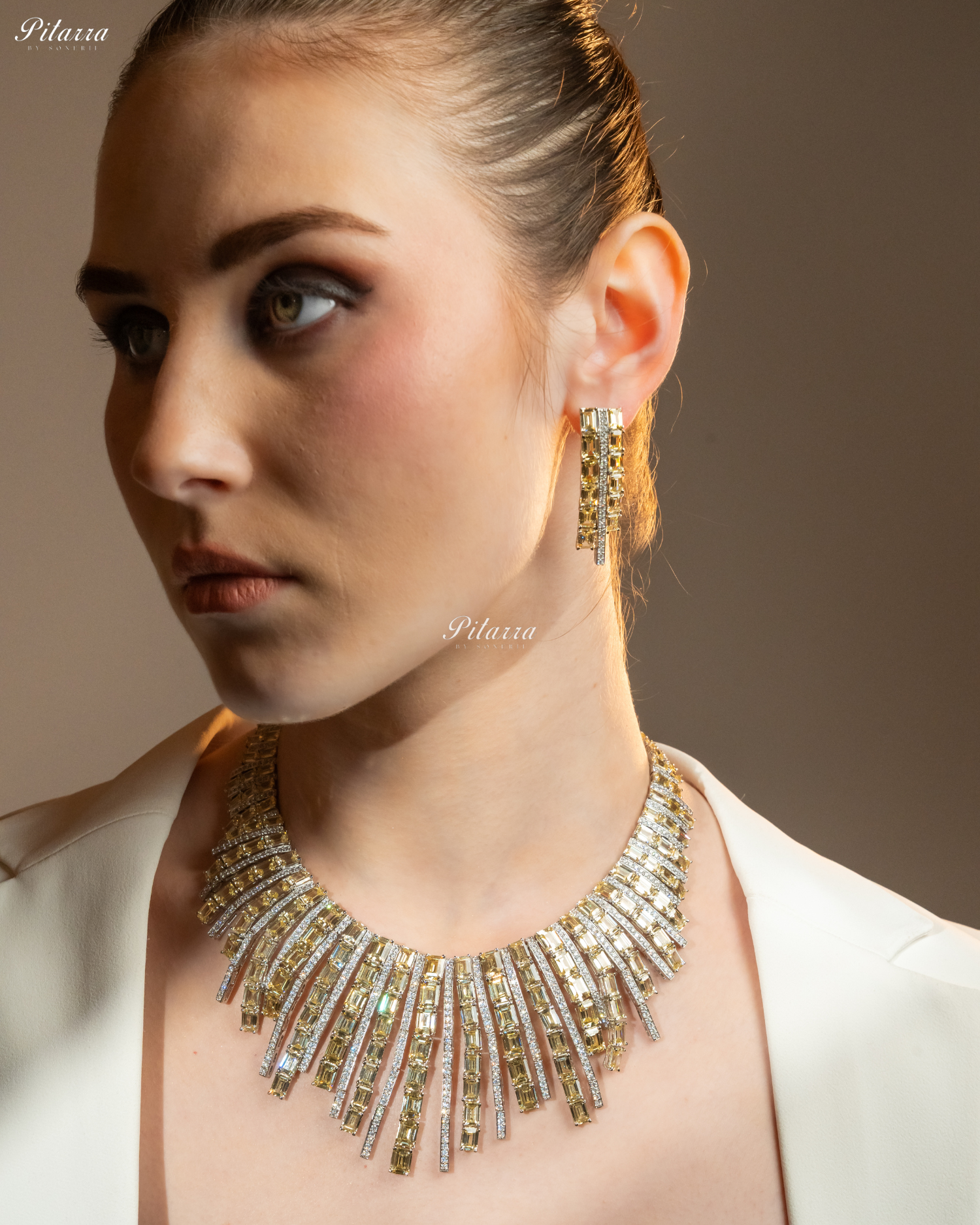 Silver Yellow Line Design Victorian Necklace Set
