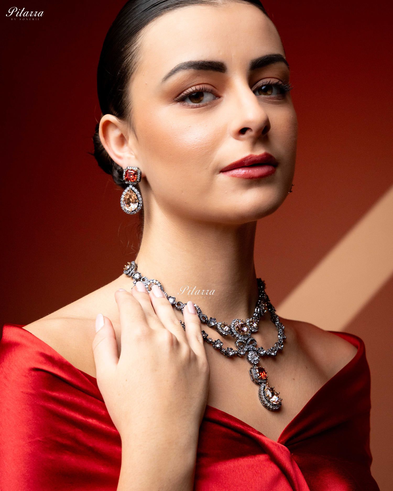 Multicolor Two Layer Silver CZ Victorian black polish Necklace Set
