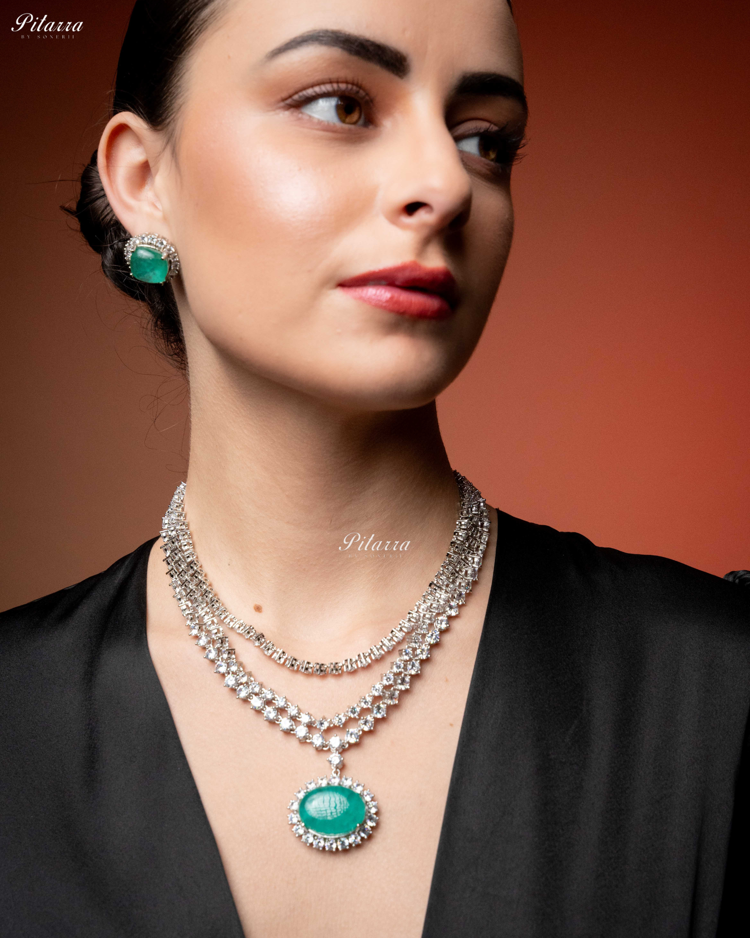 Mint Green Stone Cubic Zirconia Silver Necklace Set