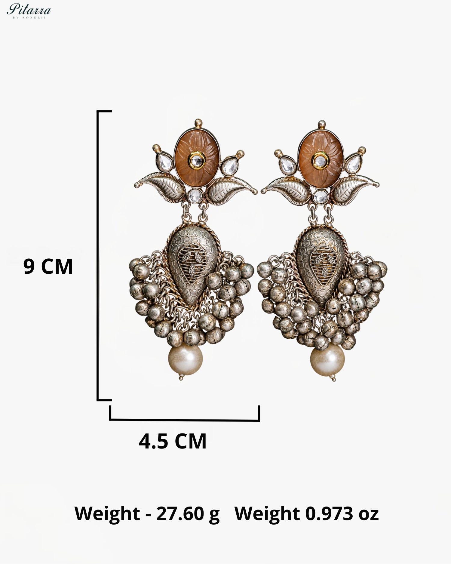 Carved Peach Stone Silver Look-Alike Ghungroo Earrings
