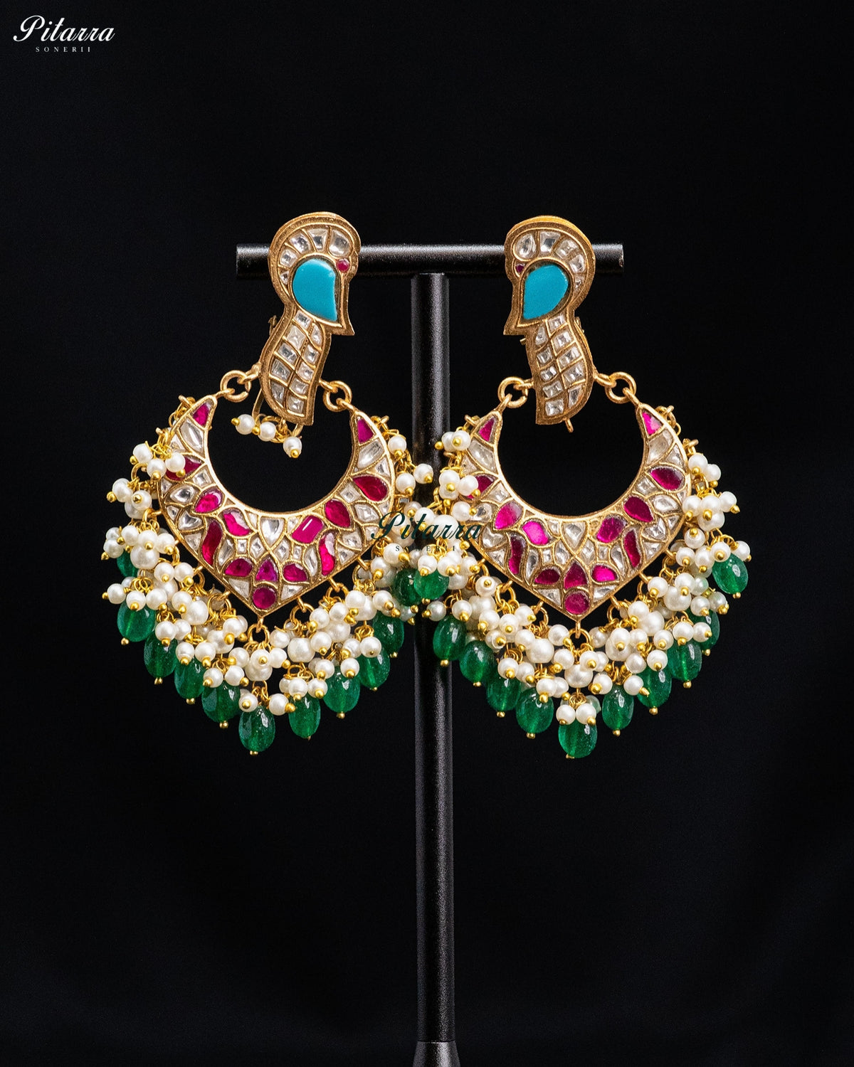 Ruby Green Pearl Kundan Chandbali Earrings