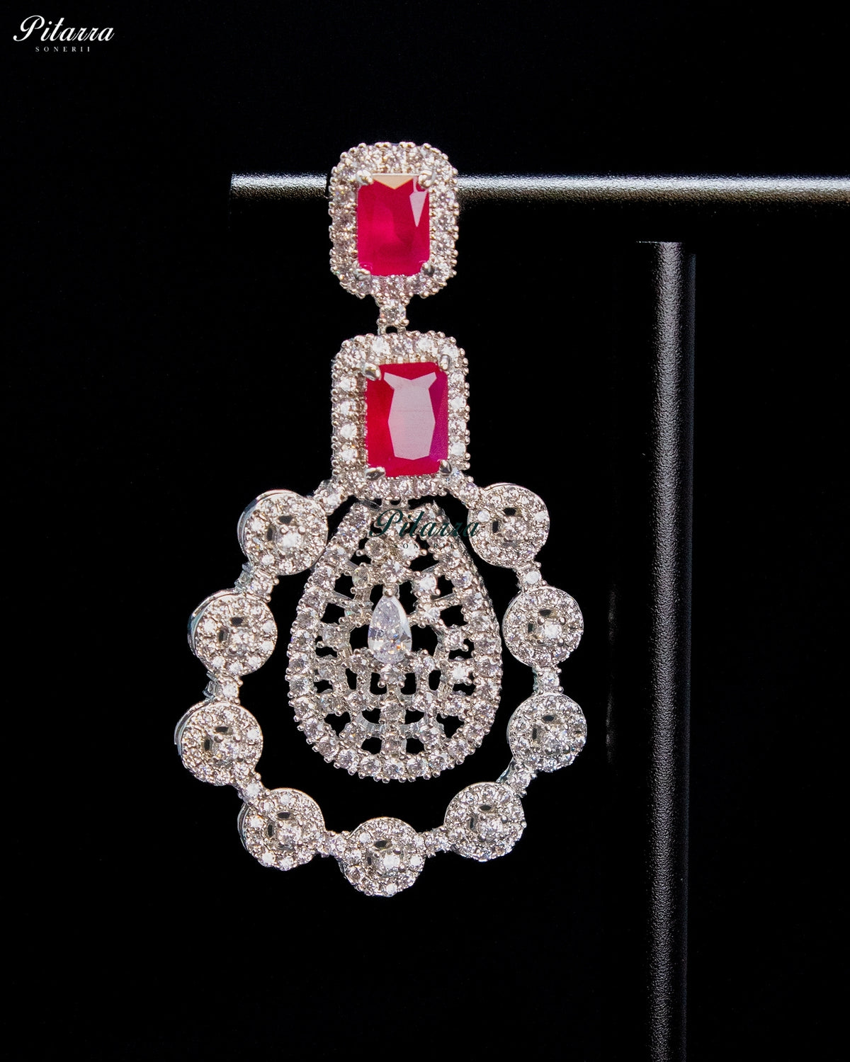 Ruby Red Rectangular Stone Zircon Silver Multi Layer Crystal Necklace Set