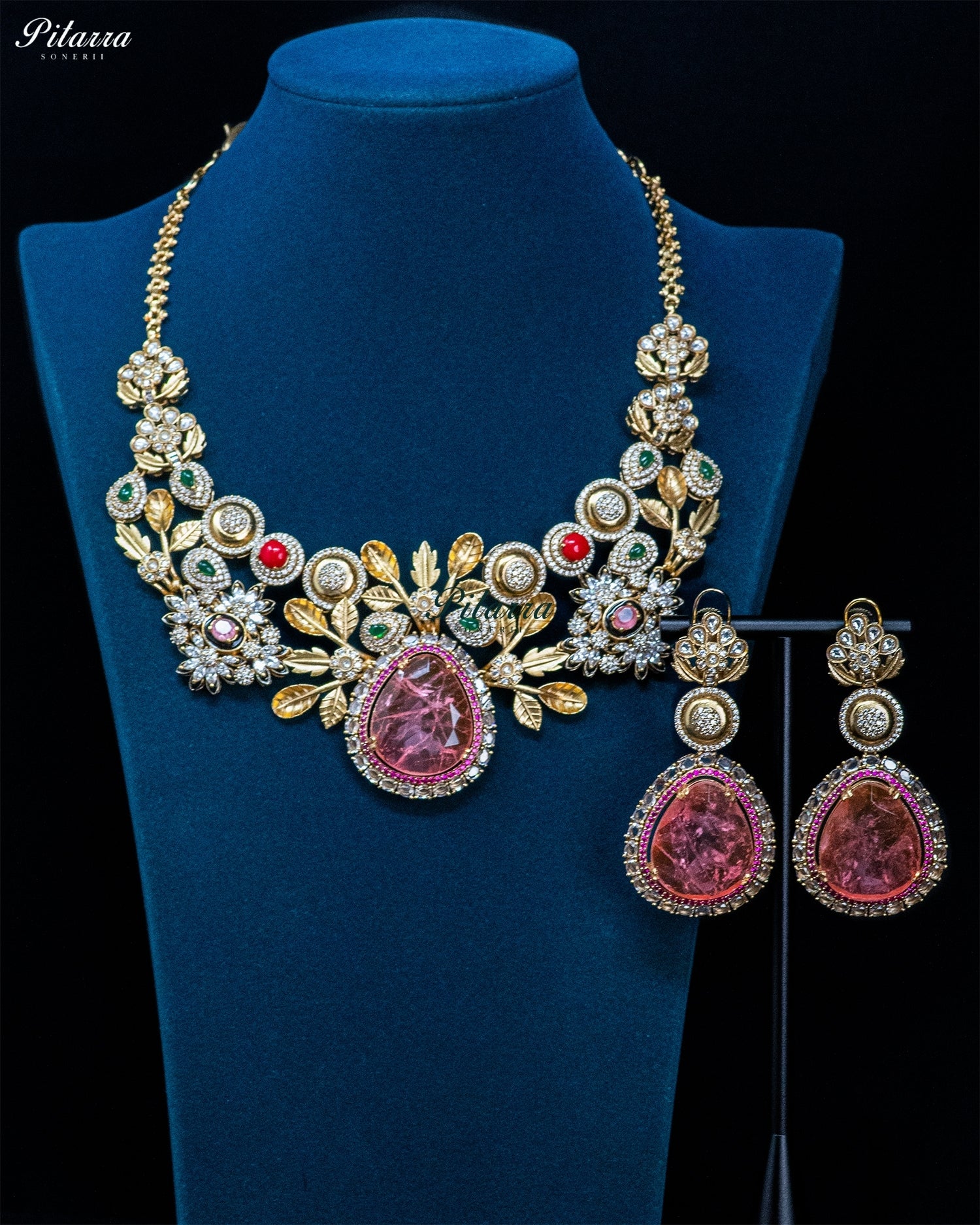 Pink Teardrop Floral Kundan Necklace Set