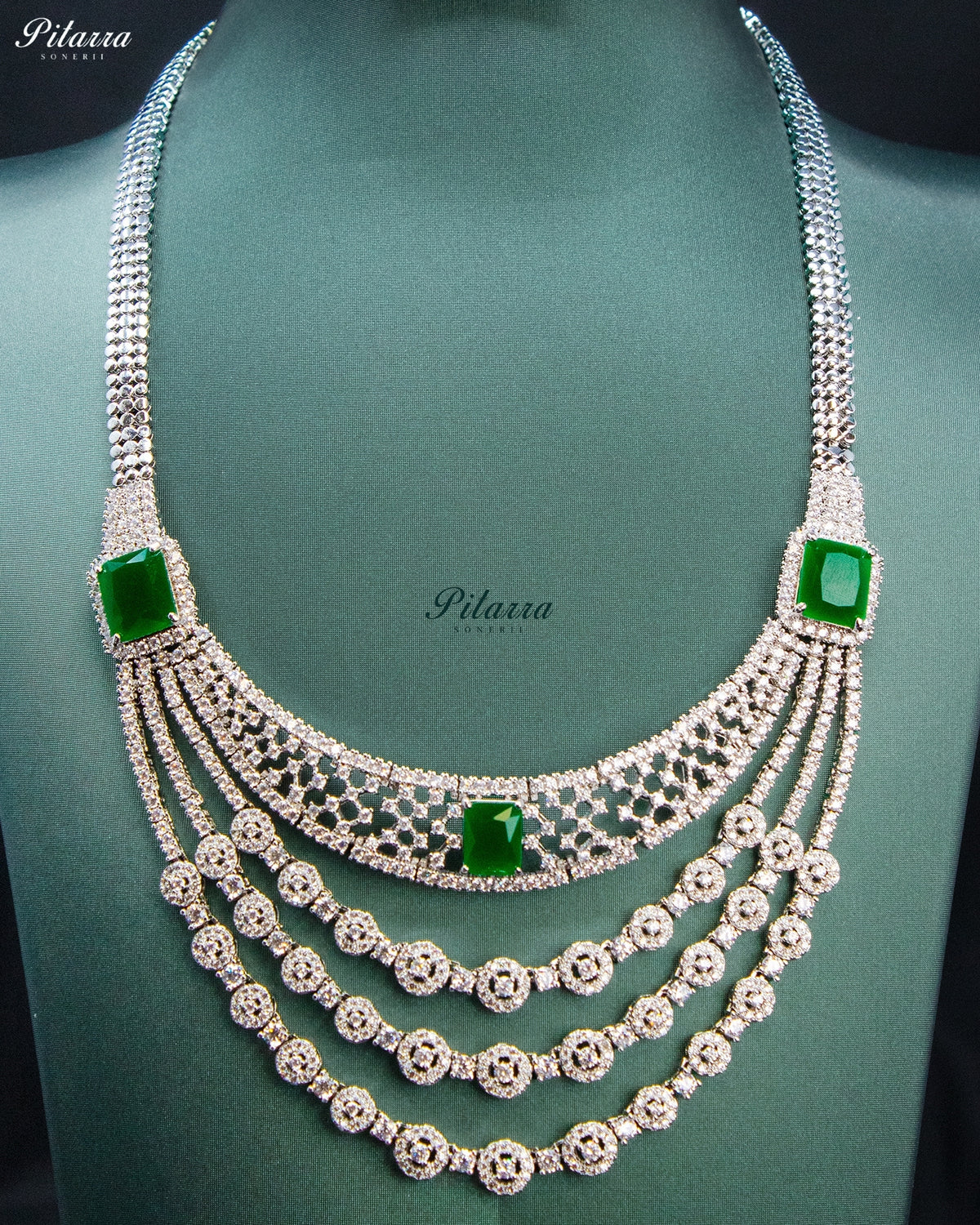 Emerald Green Multi-Layer Diamond Statement Necklace Set