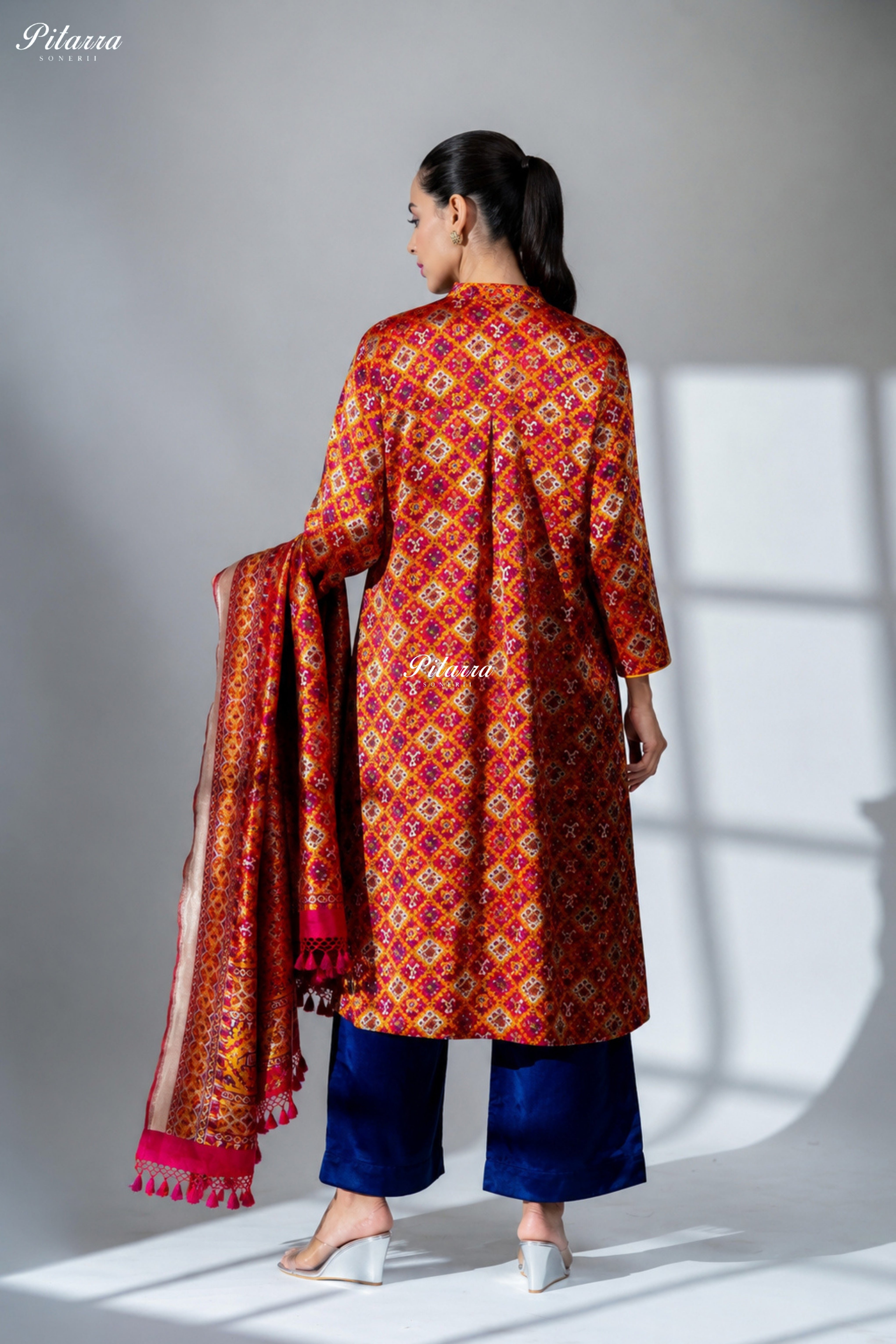 Rust Orange Printed Kurta Set with Blue Silk Pants With Dupatta