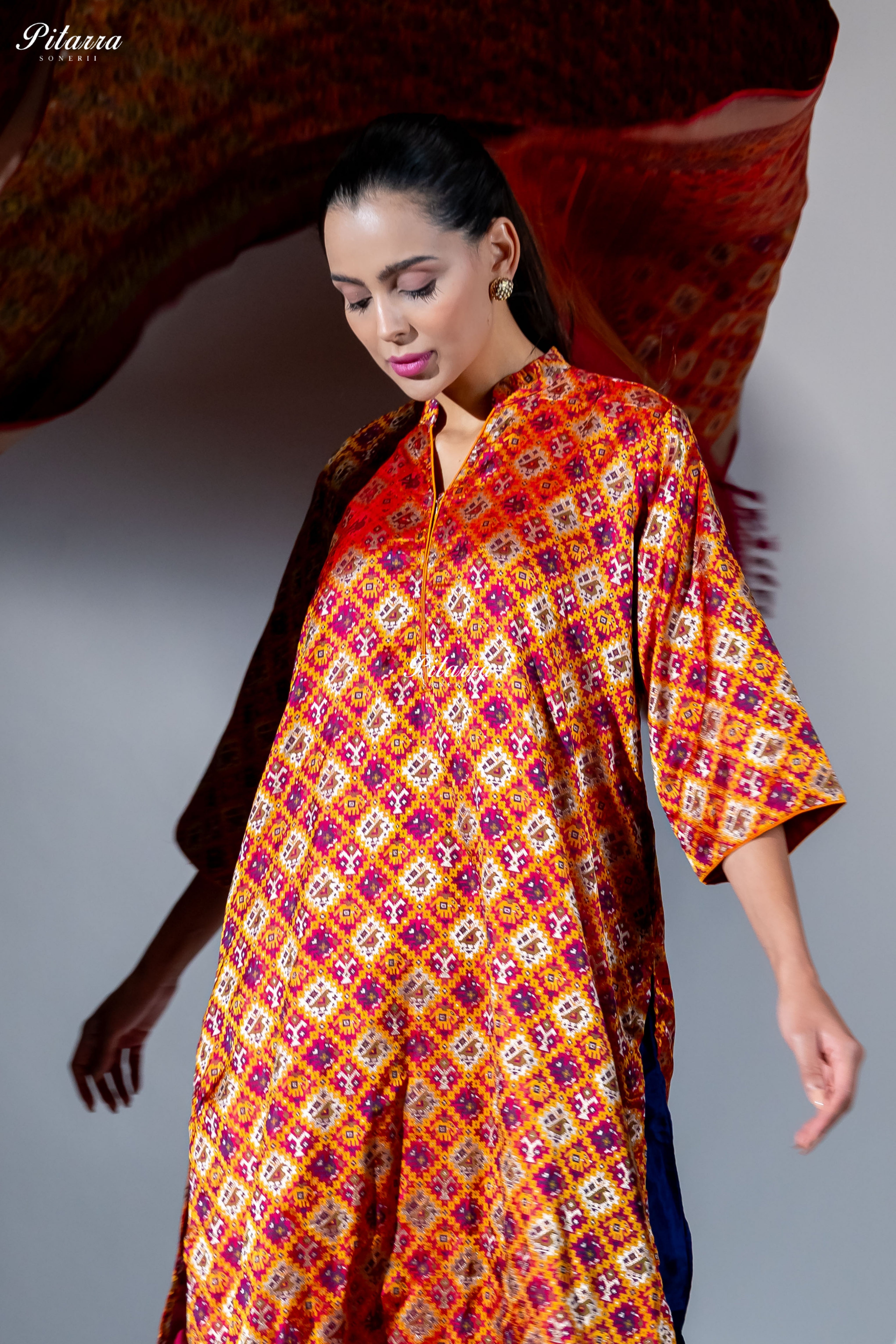 Rust Orange Printed Kurta Set with Blue Silk Pants With Dupatta