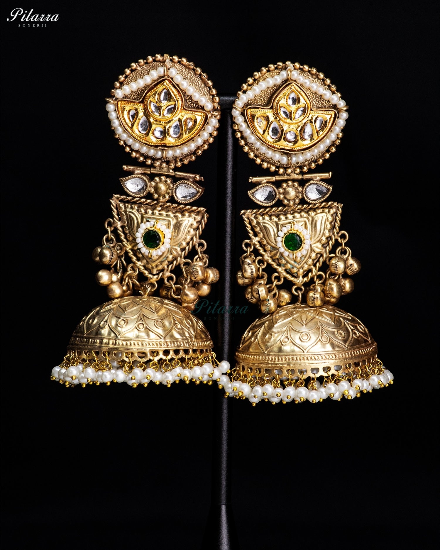 Green Stone Gold-Tone Pearl Jhumka Earrings