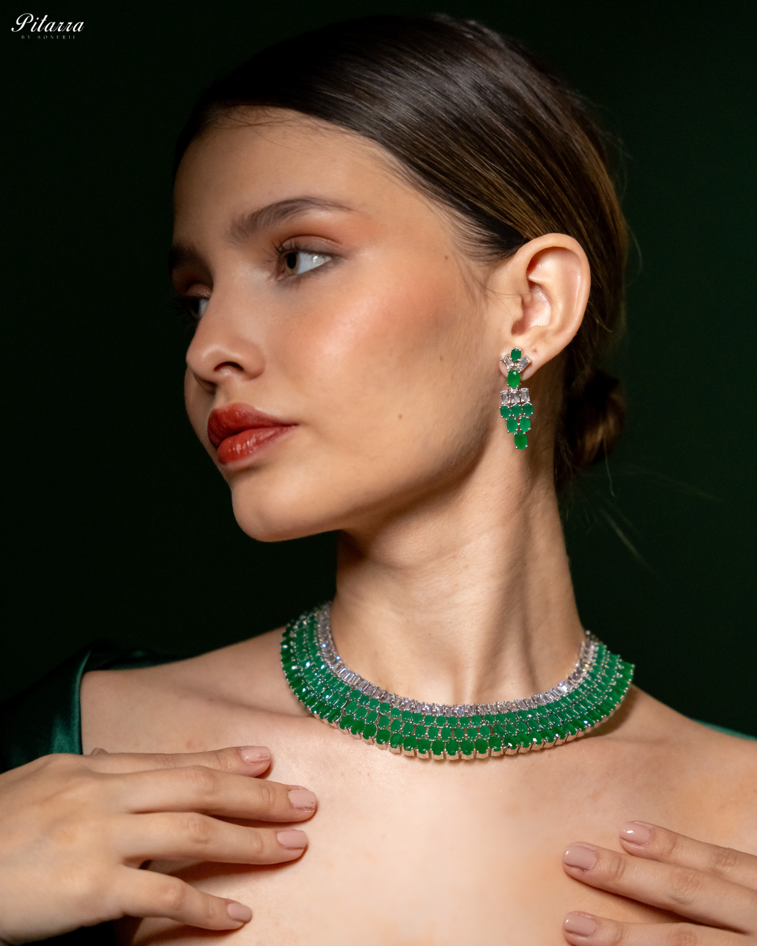 Emerald Green Layer Silver CZ Necklace Set