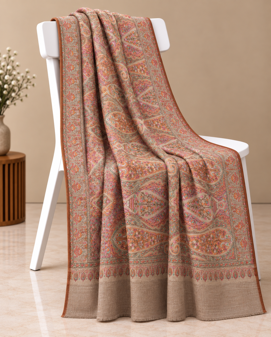 Peach Beige Multicolor Paisley Jamawar Pashmina Shawl