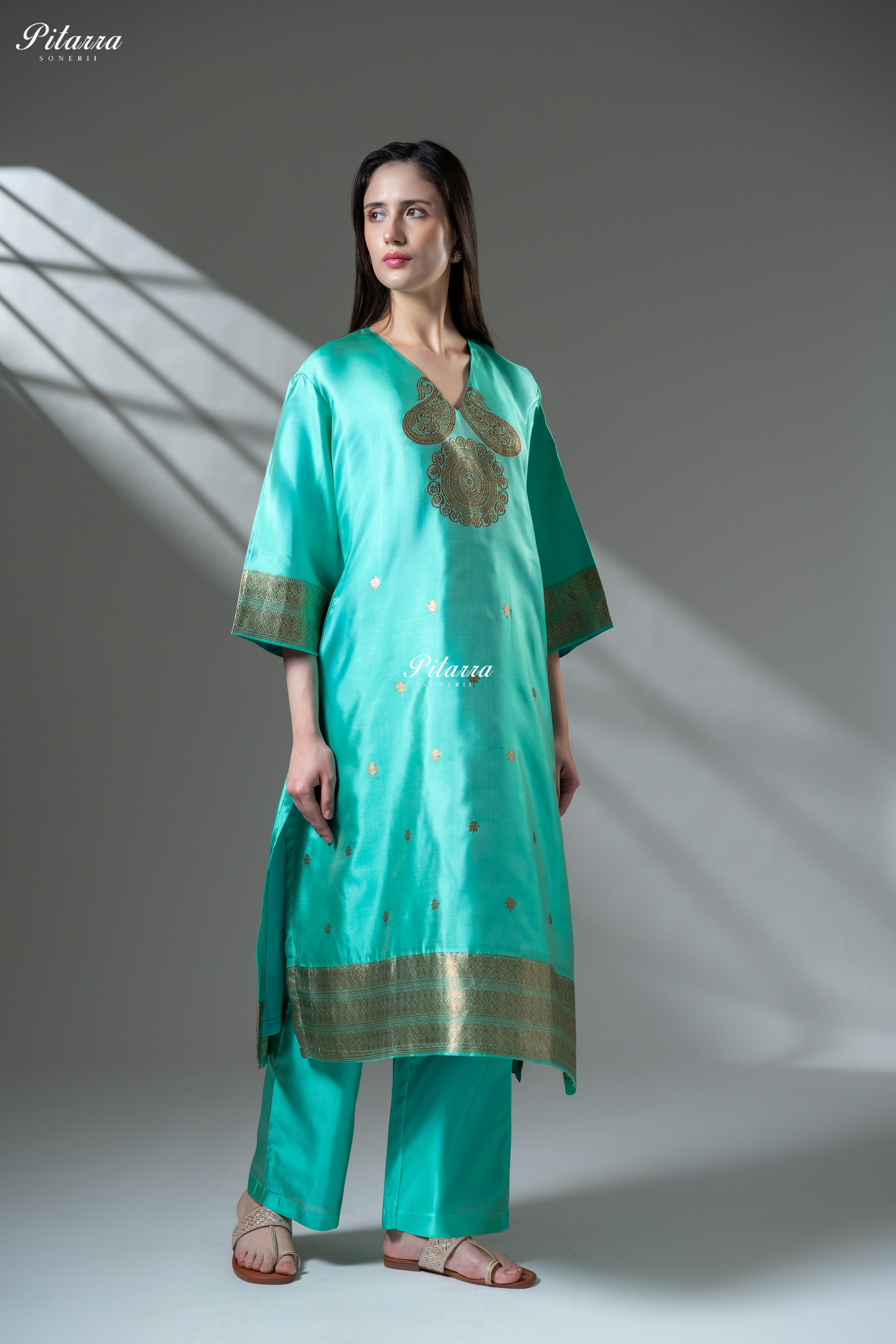 Turquoise Blue Gold Zari Embroidered Kurta Palazzo Set