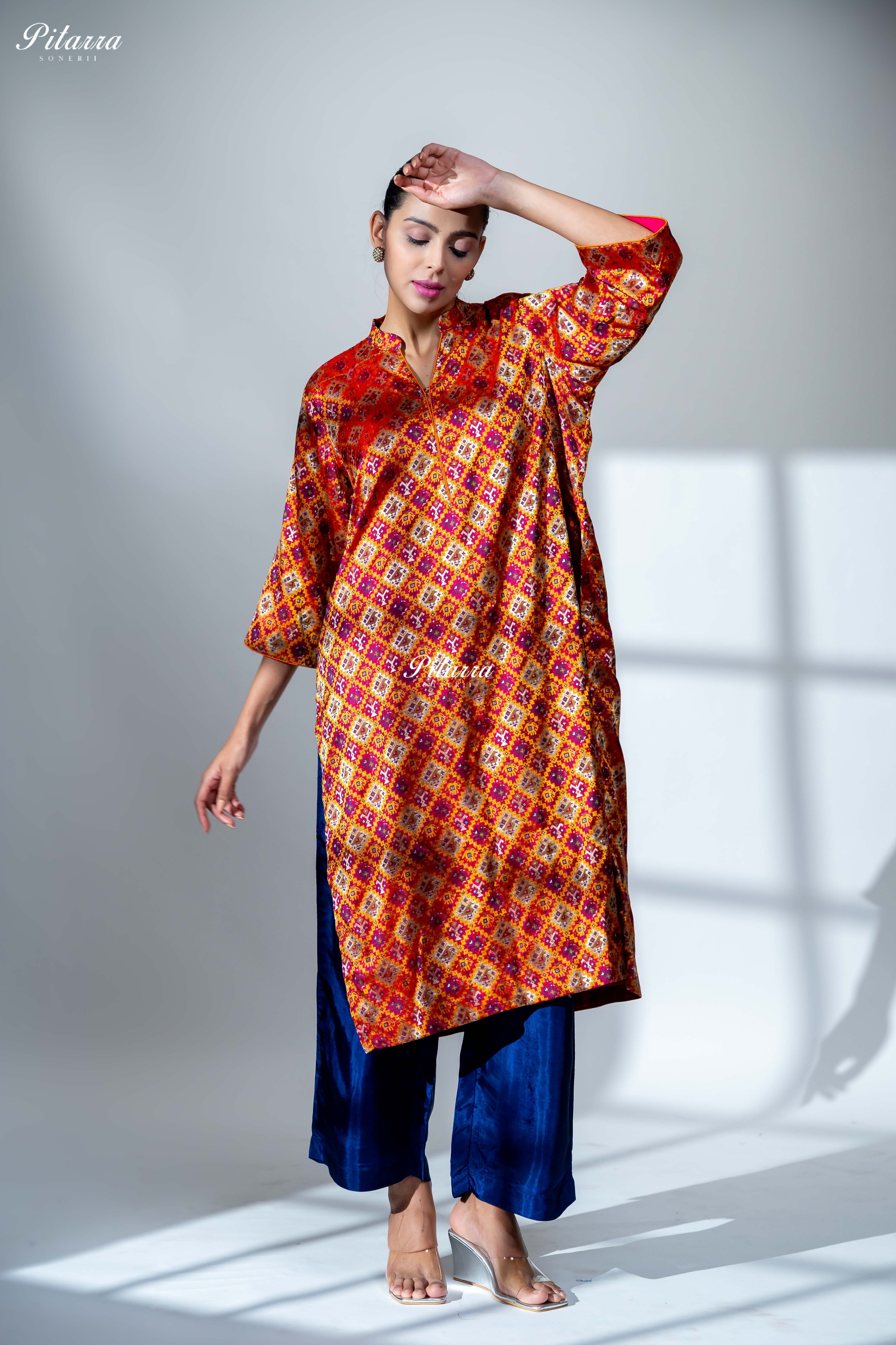 Rust Orange Printed Kurta Set with Blue Silk Pants With Dupatta