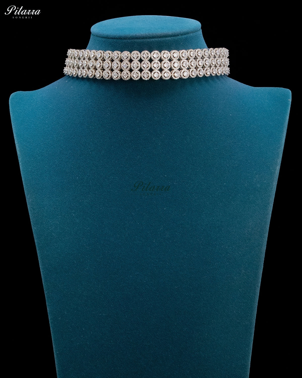 White Round Zircon Silver Multi Row Crystal Choker Necklace Set