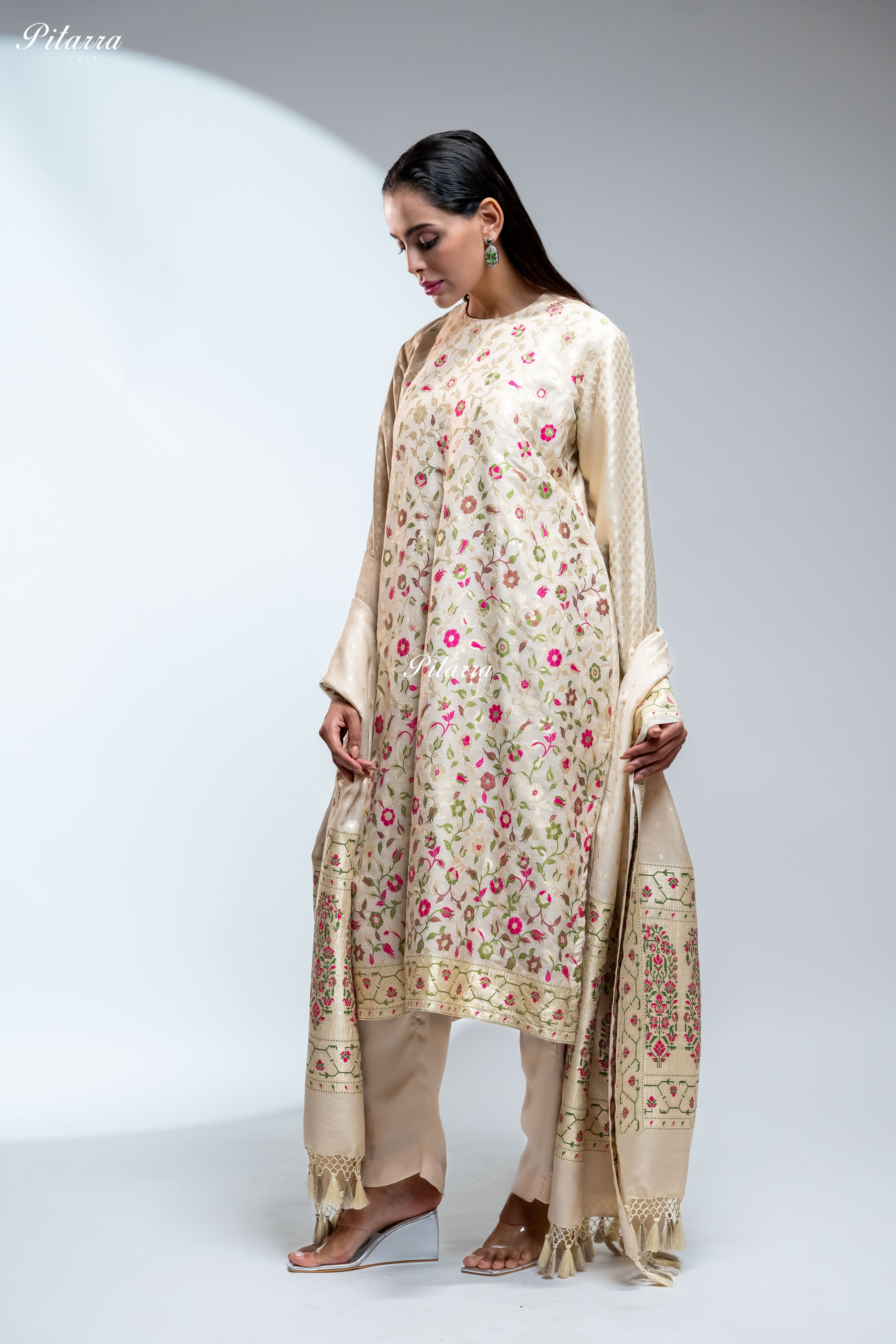 Cream Floral Brocade Kurta Set with Matching Pants With Dupatta