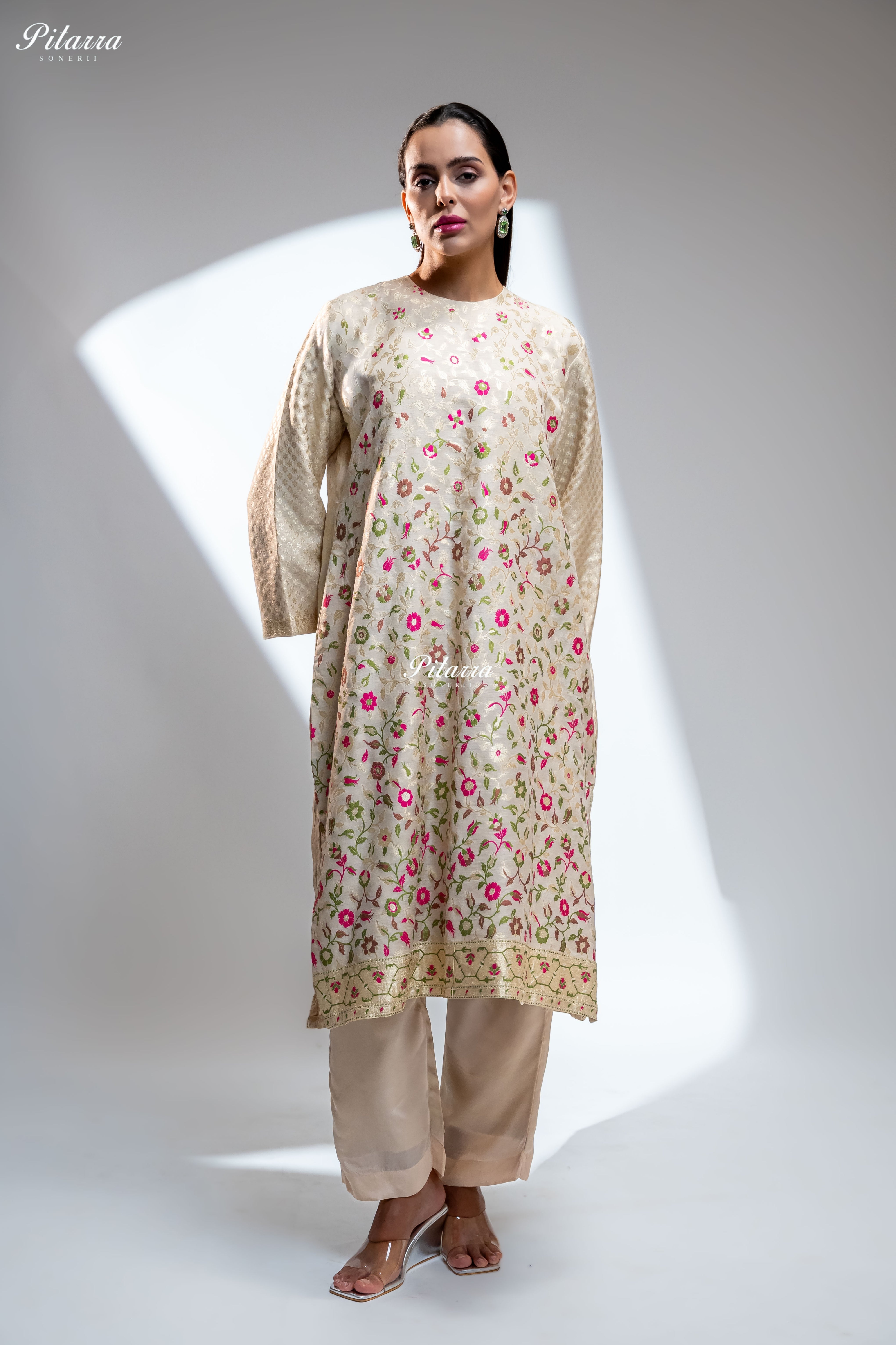 Cream Floral Brocade Kurta Set with Matching Pants With Dupatta