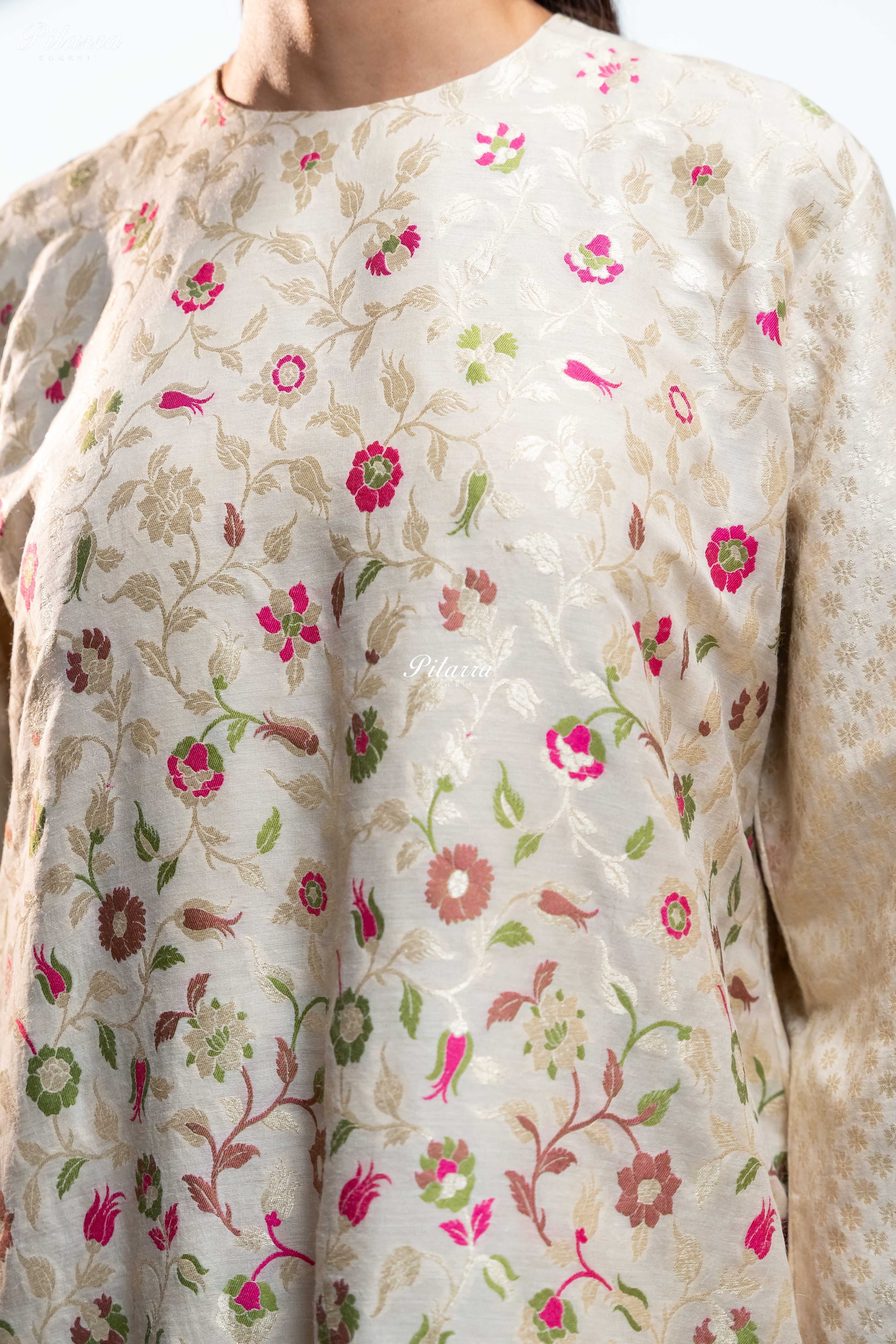 Cream Floral Brocade Kurta Set with Matching Pants With Dupatta