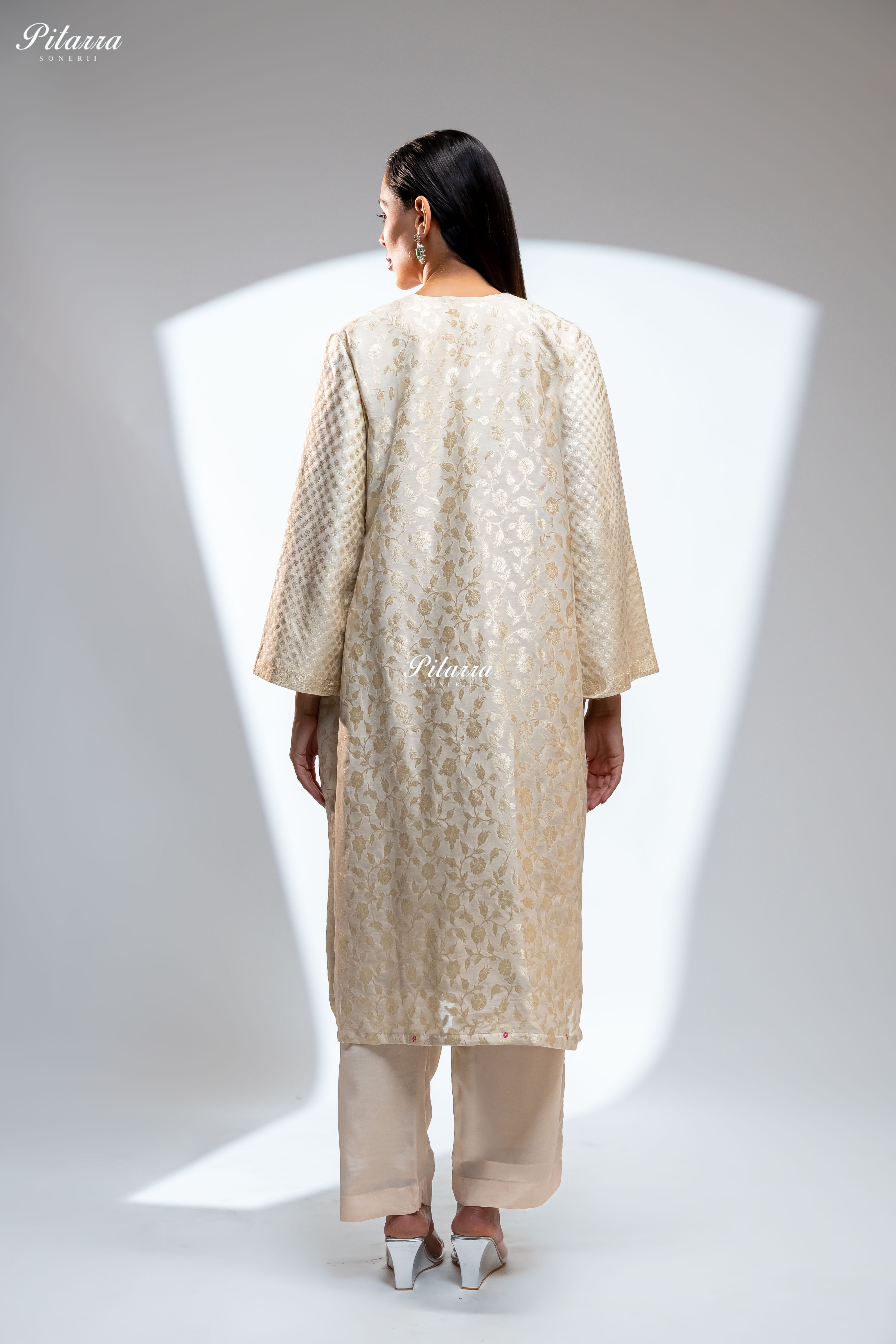 Cream Floral Brocade Kurta Set with Matching Pants With Dupatta