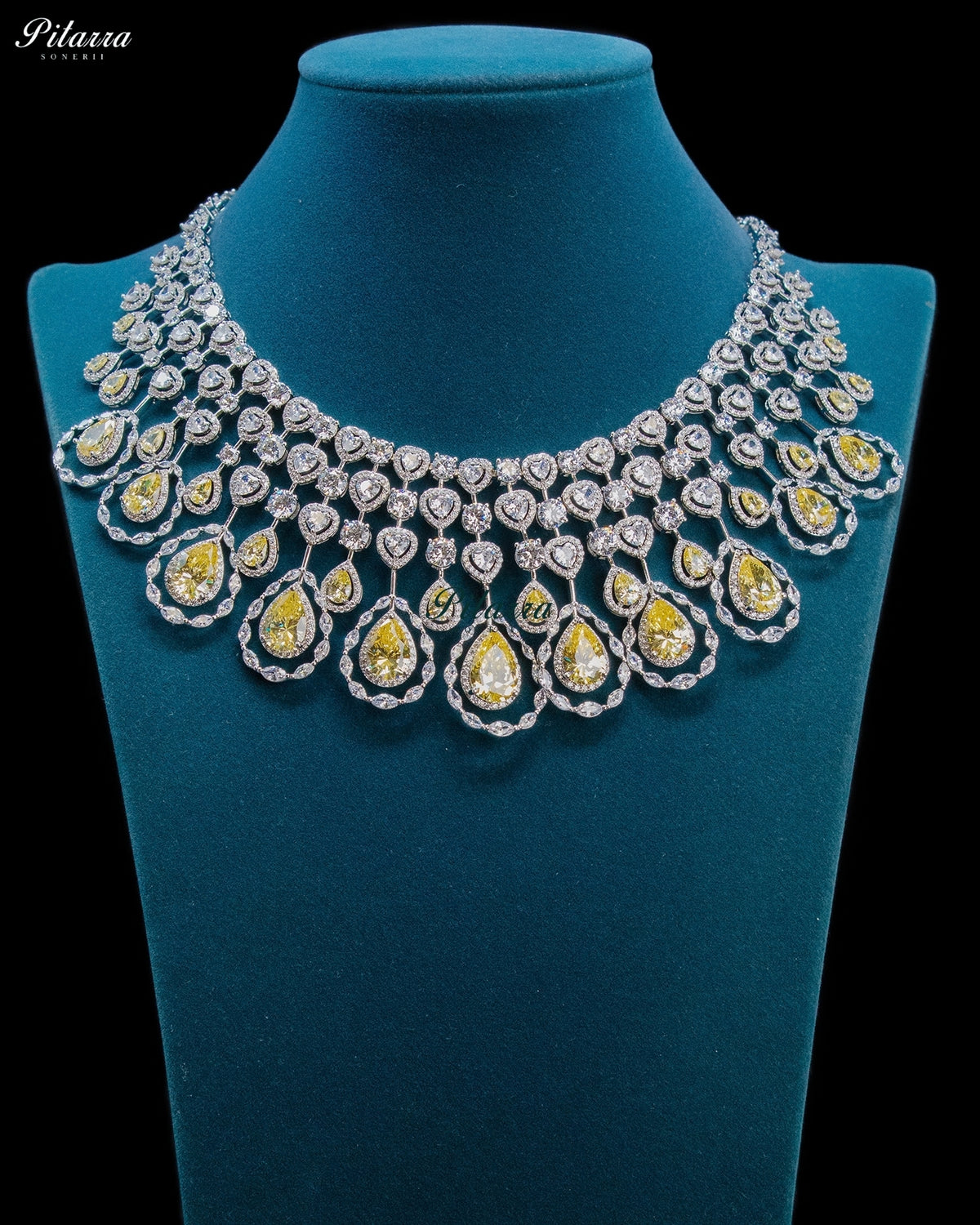 Citrine Yellow Pear Cut Stone Zircon Silver Crystal Statement Necklace Set
