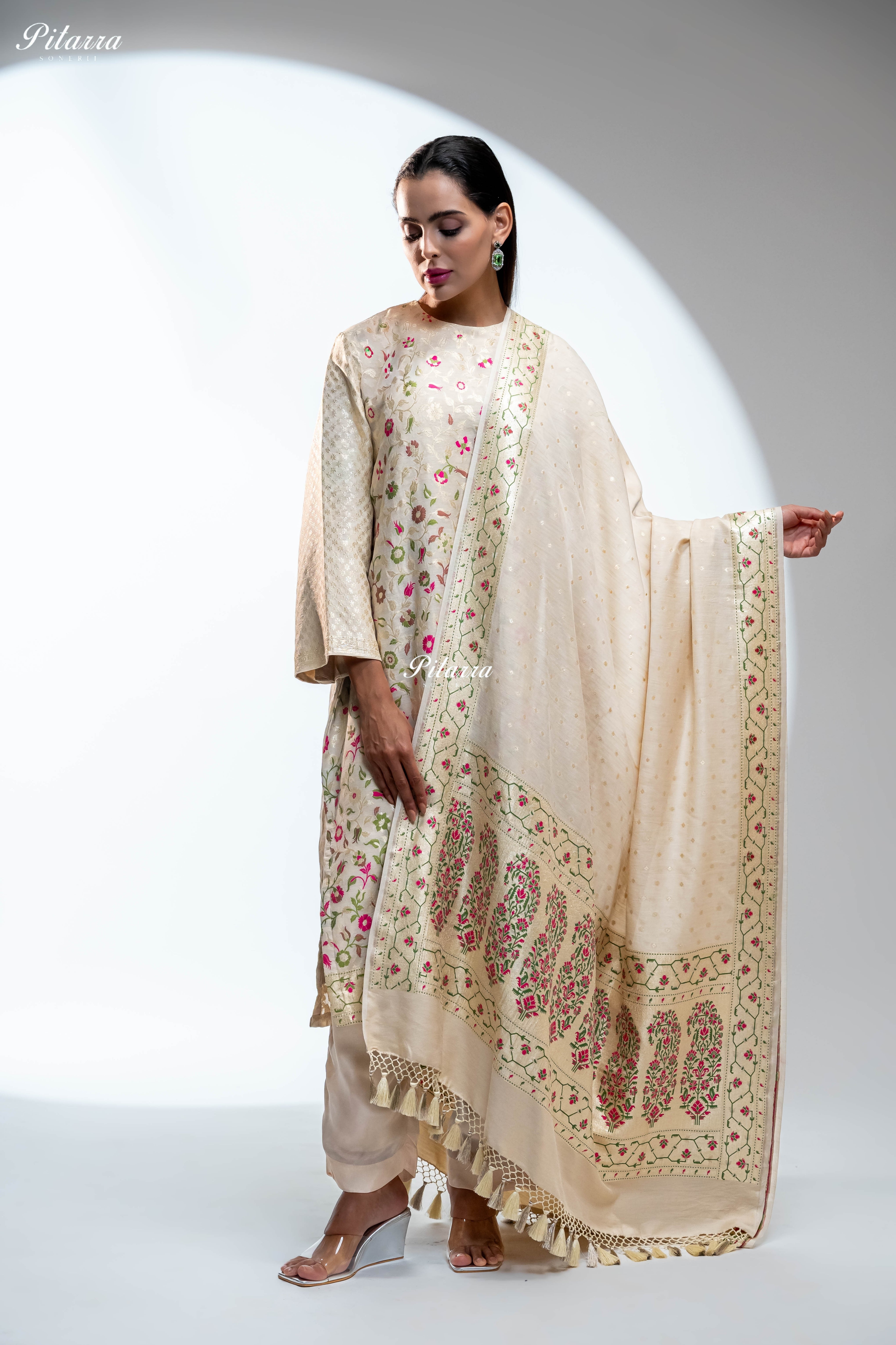 Cream Floral Brocade Kurta Set with Matching Pants With Dupatta