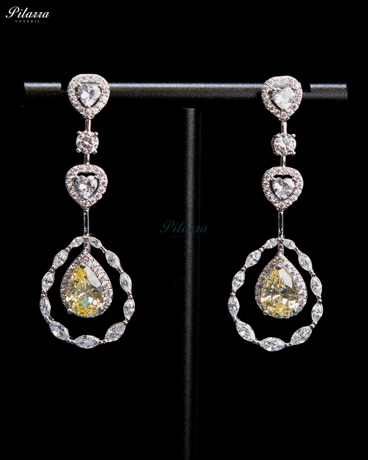 Citrine Yellow Pear Cut Stone Zircon Silver Crystal Statement Necklace Set