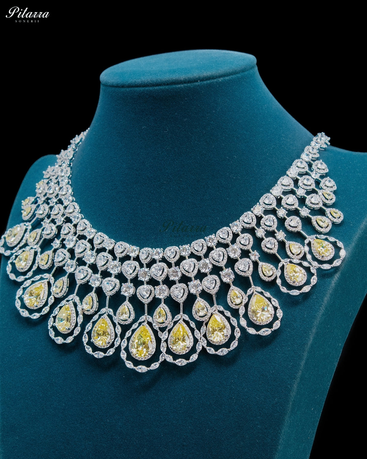 Citrine Yellow Pear Cut Stone Zircon Silver Crystal Statement Necklace Set