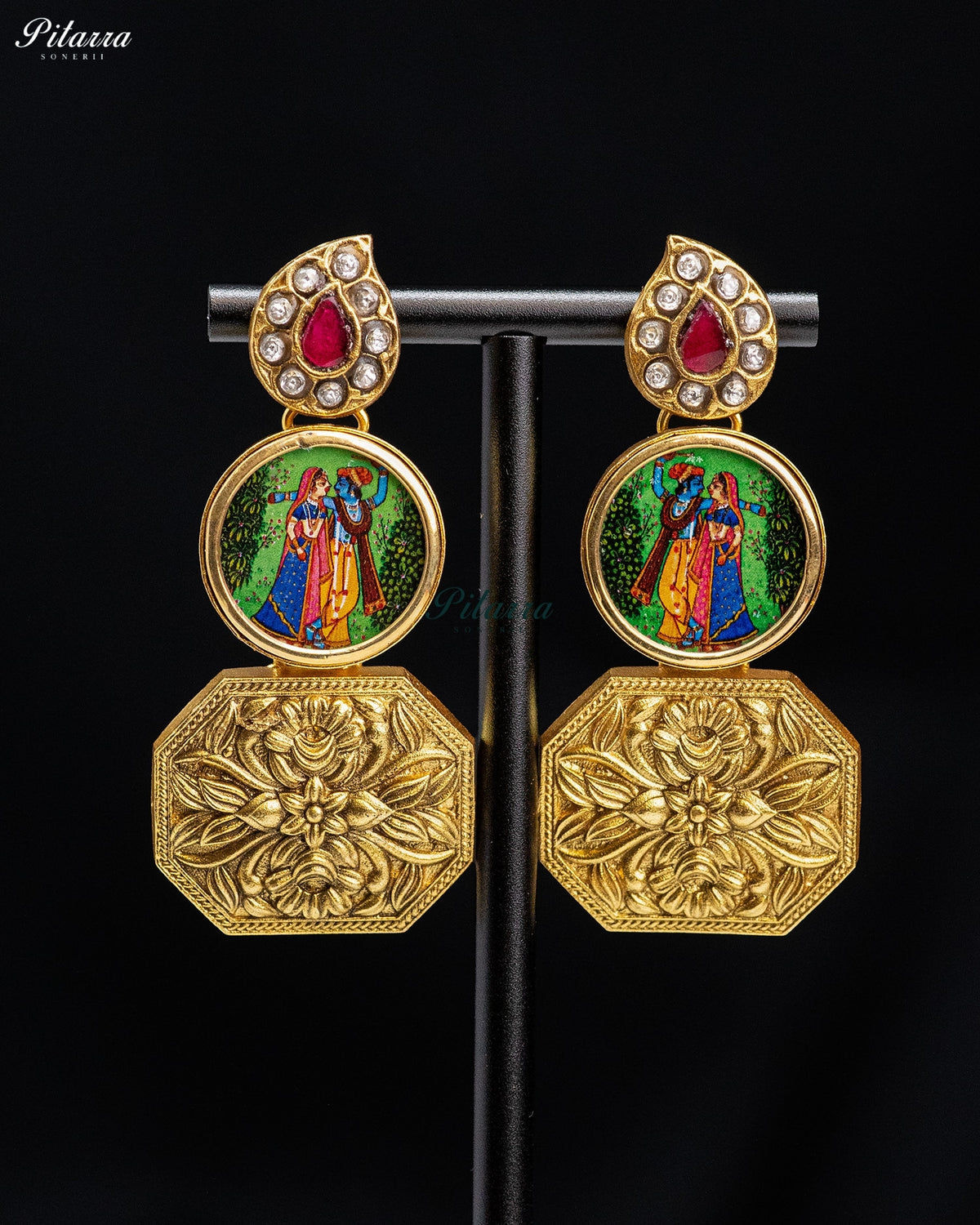 Radha Krishna Gold Tone Kundan Earrings