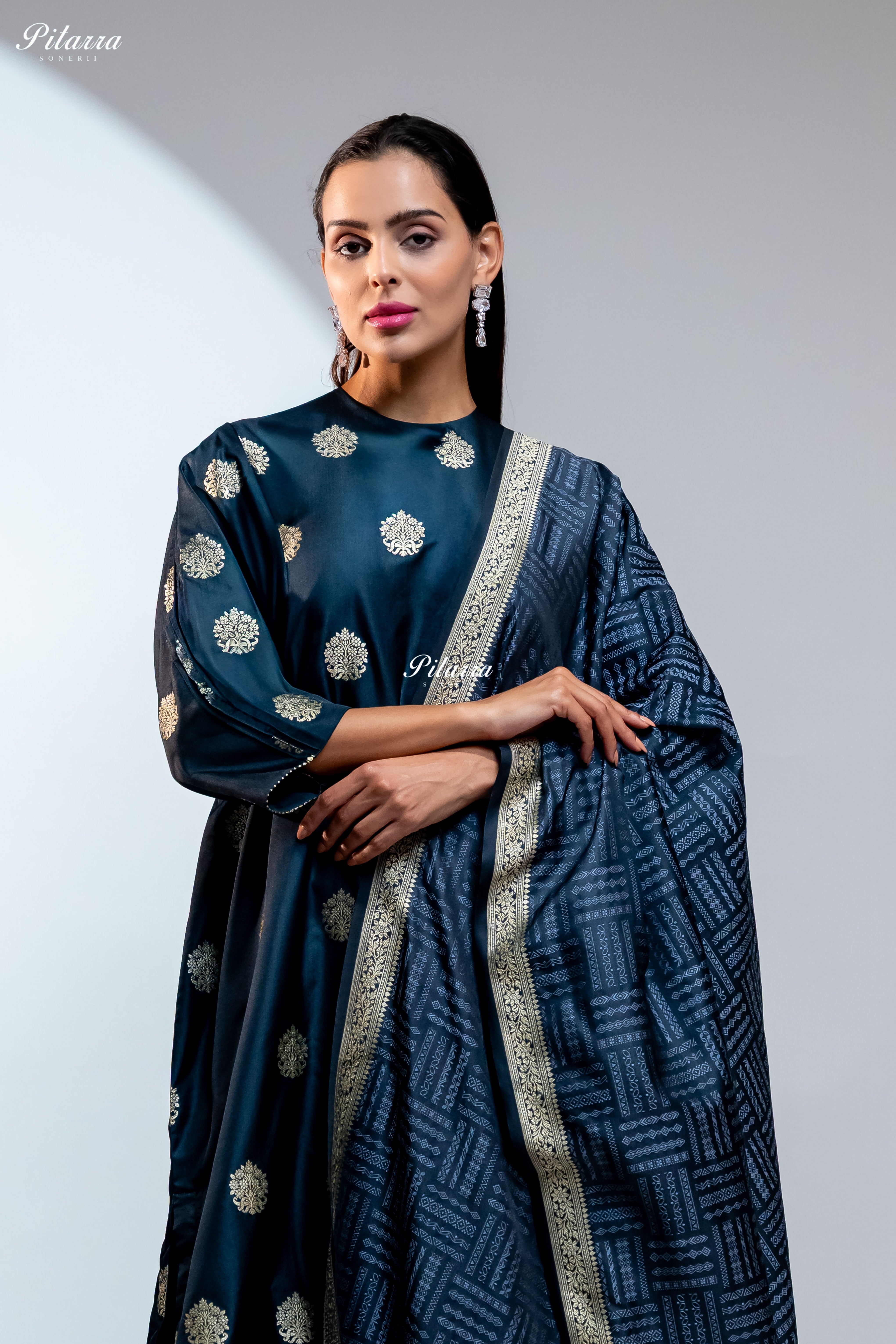 Navy Blue Silk Kurta Set with Gold Motifs and Matching Dupatta