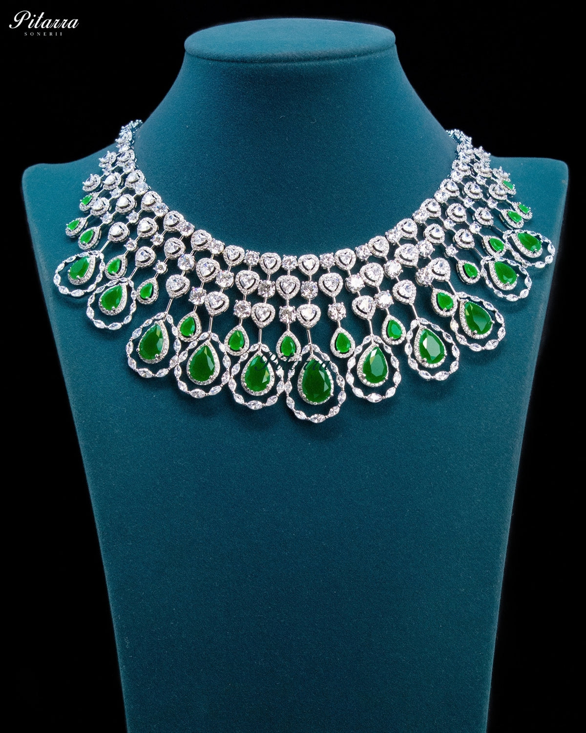 Emerald Green Pear Cut Stone Zircon Silver Crystal Statement Necklace Set